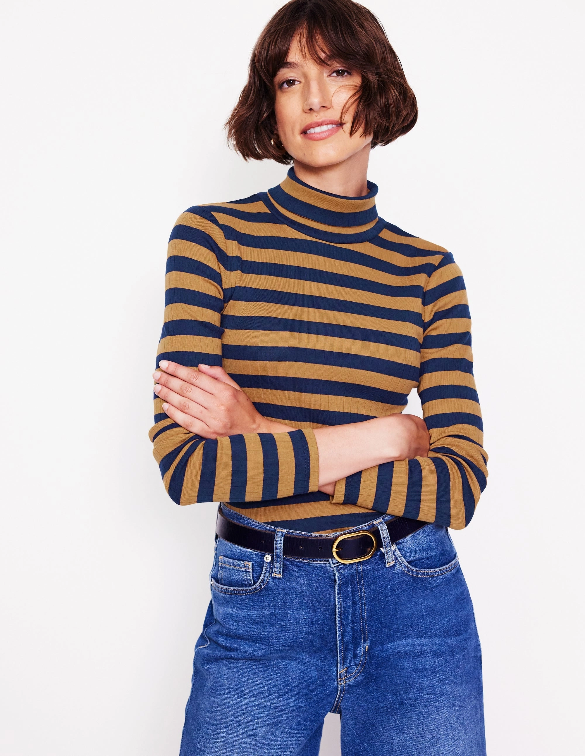 Casual Appeal Breathable Wearable Anna Rib Roll Neck Top-French Navy,Camel