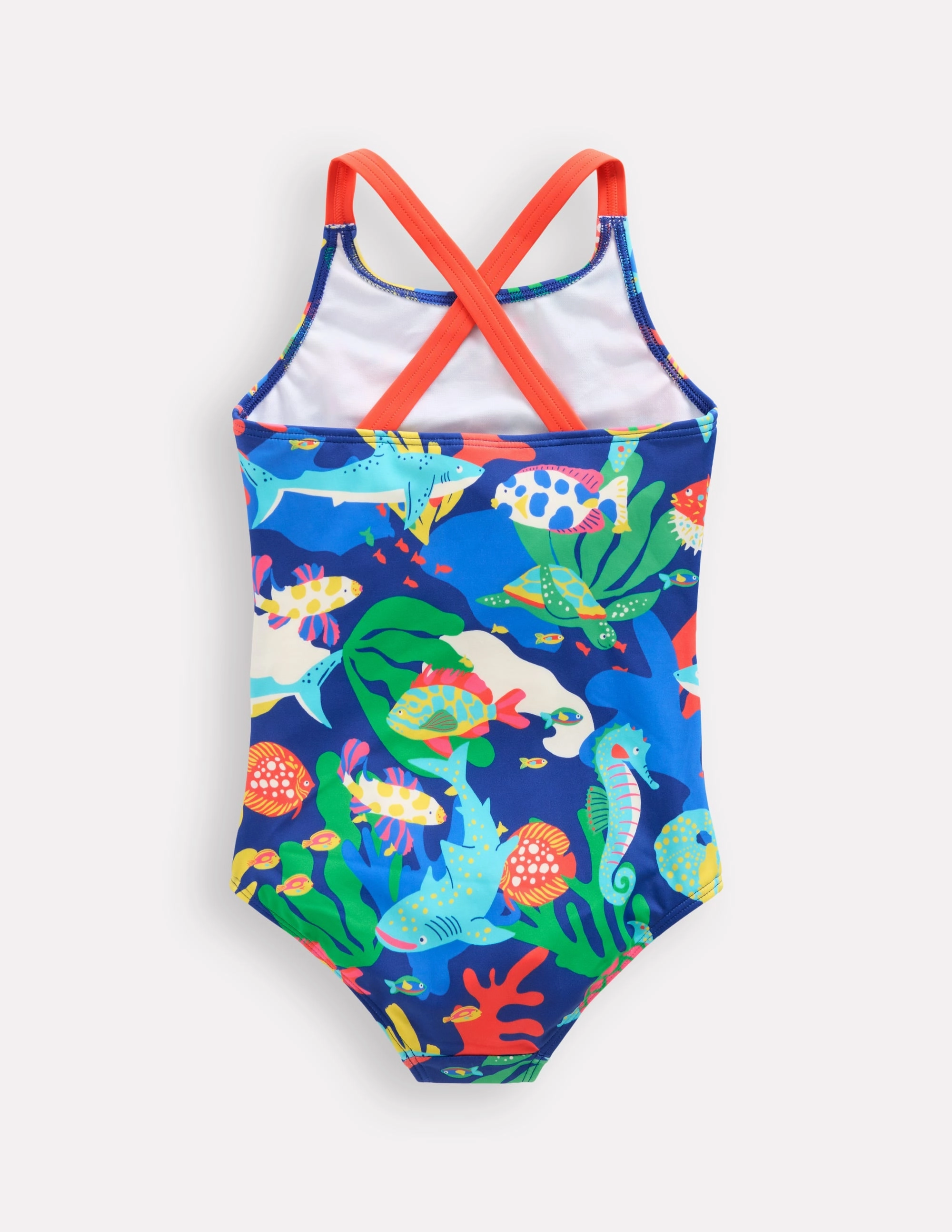 Glossy Finish Quick Dry Fabric Cross-back Printed Swimsuit-Blue Reef
