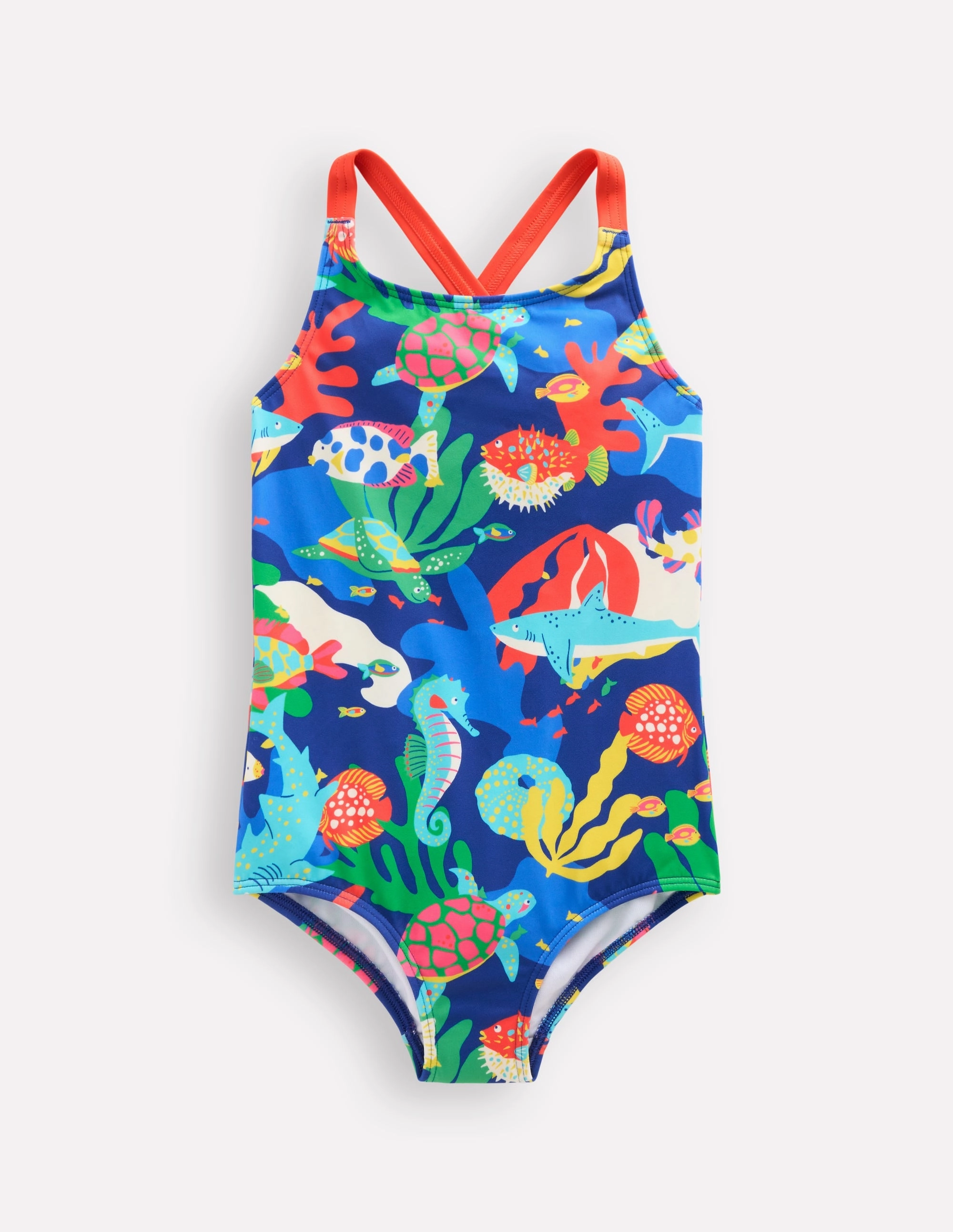 Trendy Fashion Swim Gear Cross-back Printed Swimsuit-Blue Reef