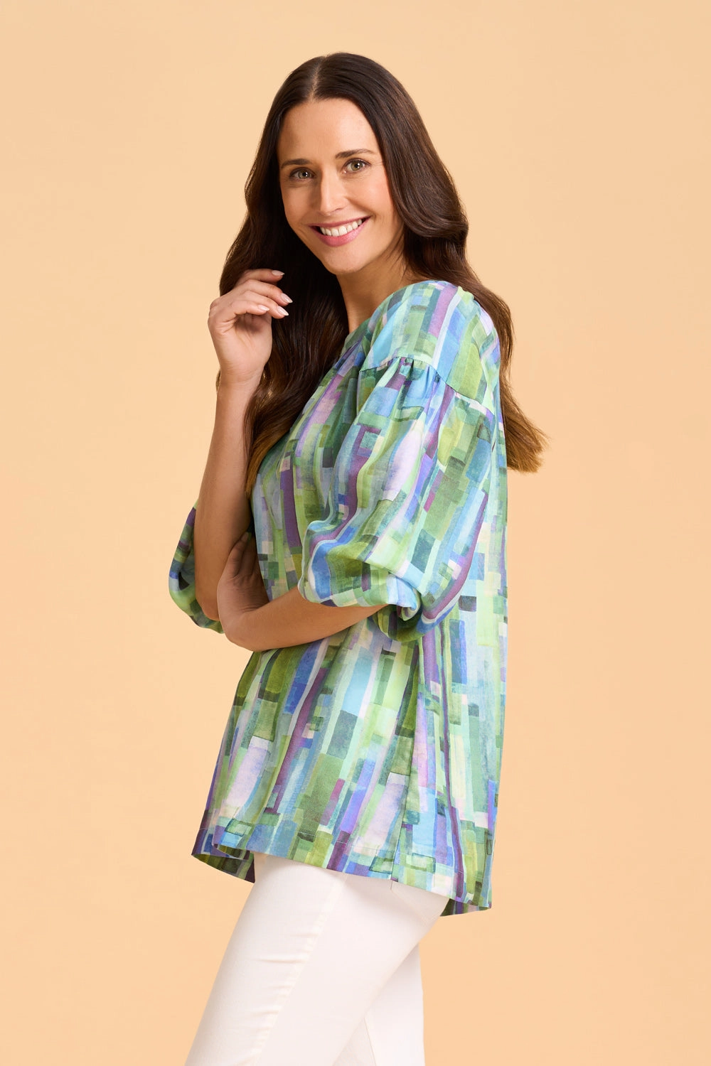 Convertible Style Light Reflective Printing Puff Sleeve Top - August Stripe