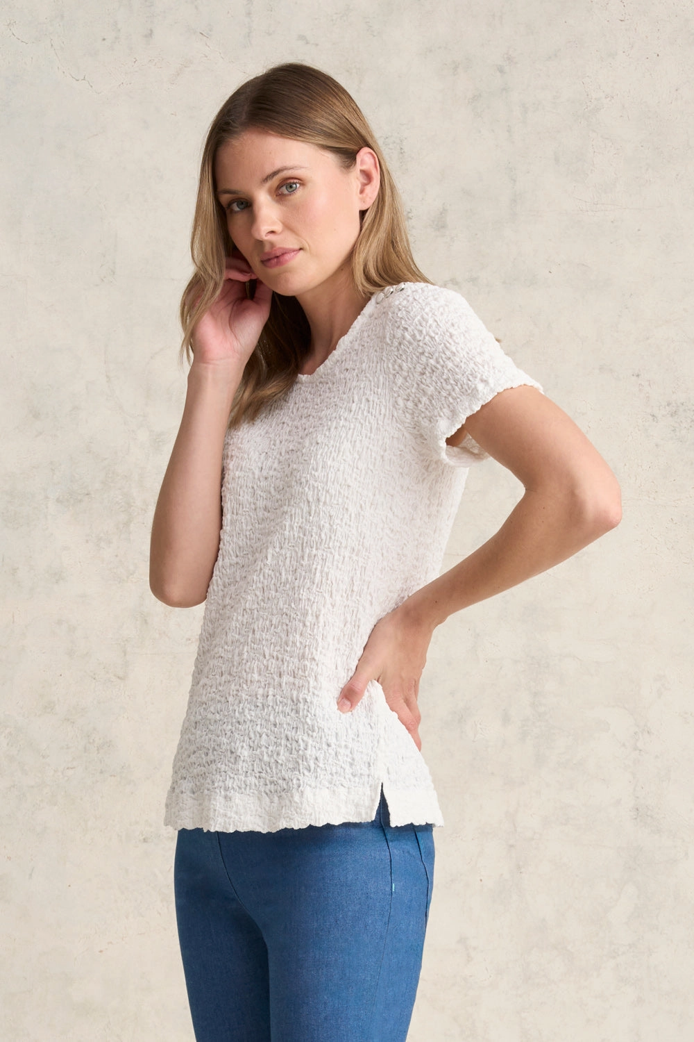 Seamless Design Crinkle Cotton T-Shirt - White