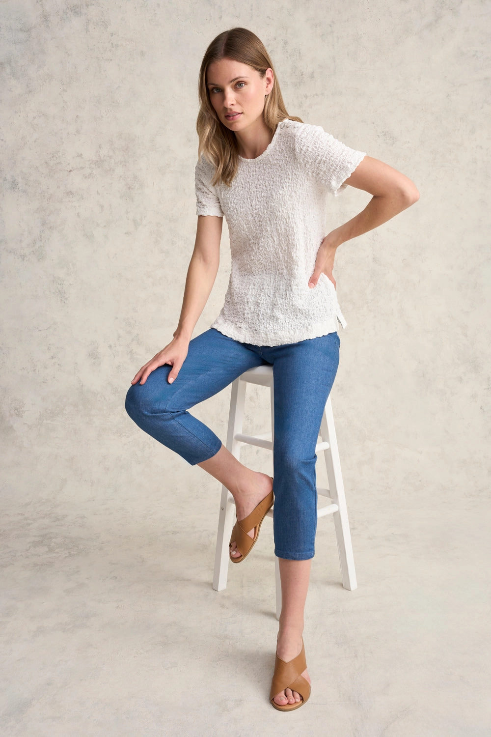 Four Way Stretch Fabric Crinkle Cotton T-Shirt - White