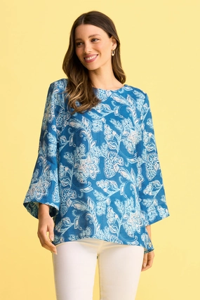 Rolled Hem Detailing Interlock Stitch Detail French Linen Button Detail Top - Blue Print