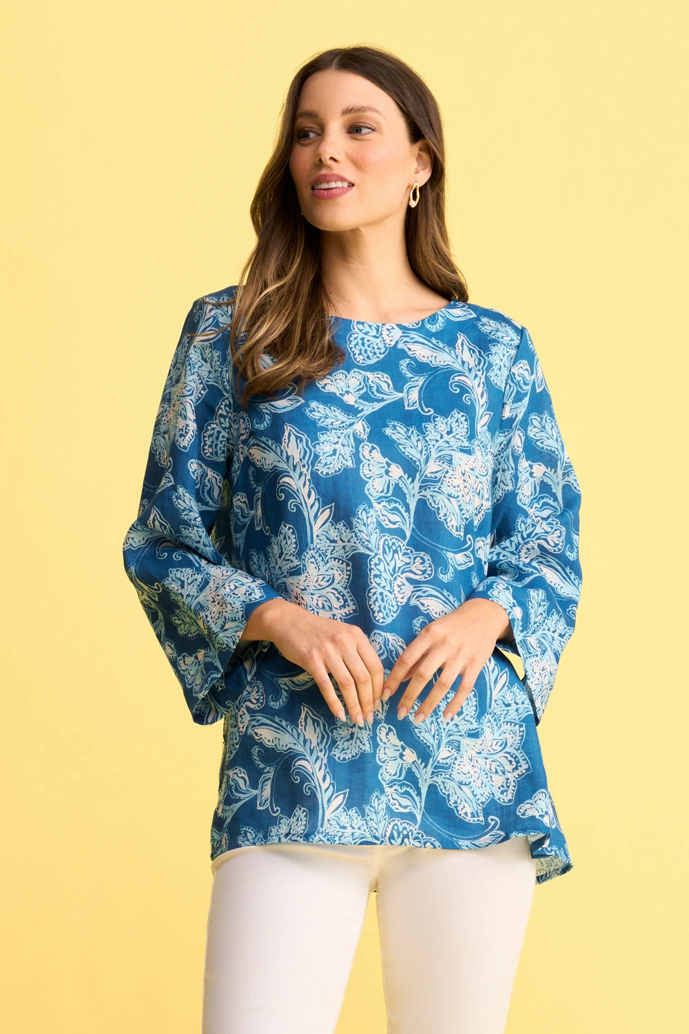 French Linen Button Detail Top - Blue Print HighDensity Weave