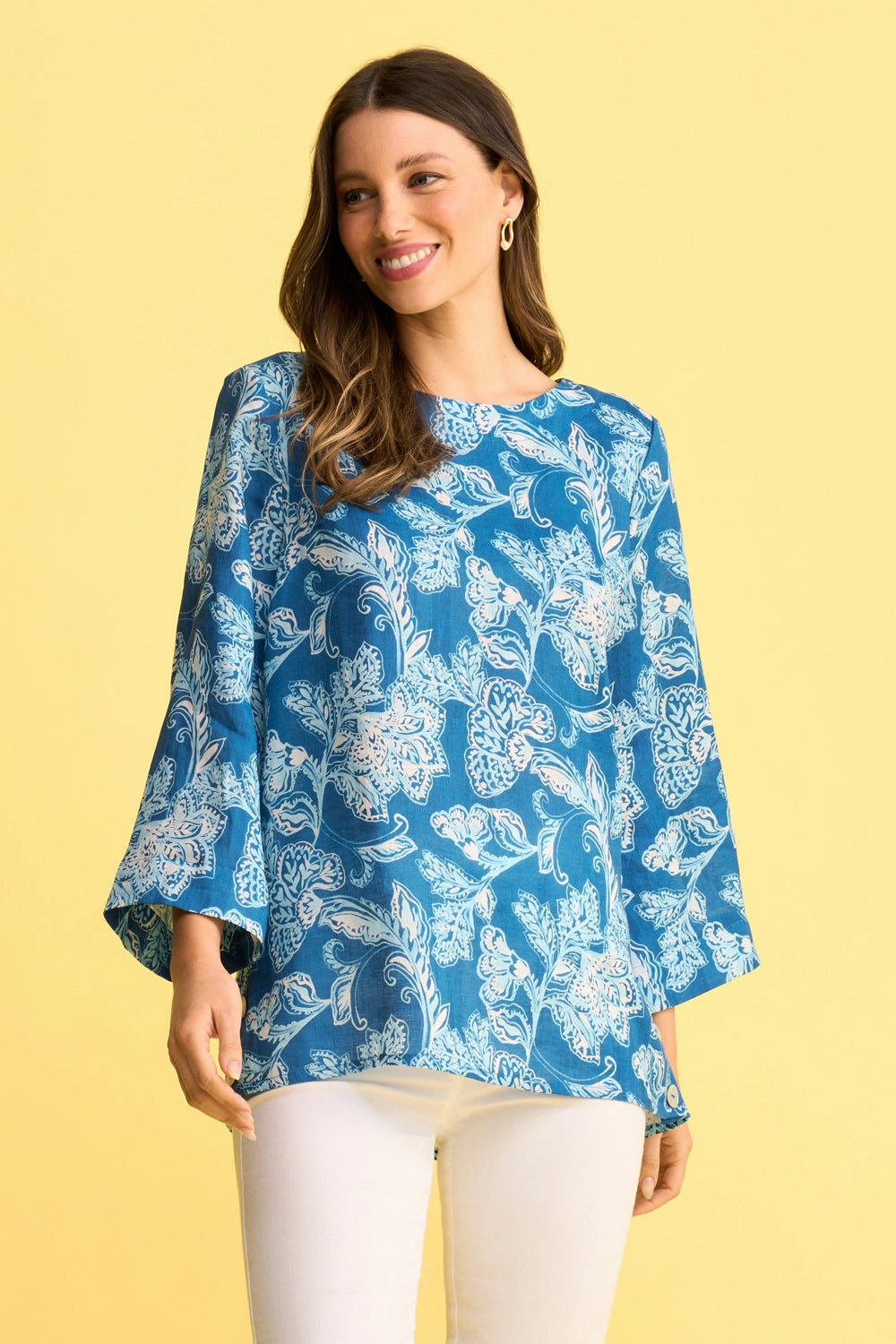Rolled Hem Detailing Interlock Stitch Detail French Linen Button Detail Top - Blue Print