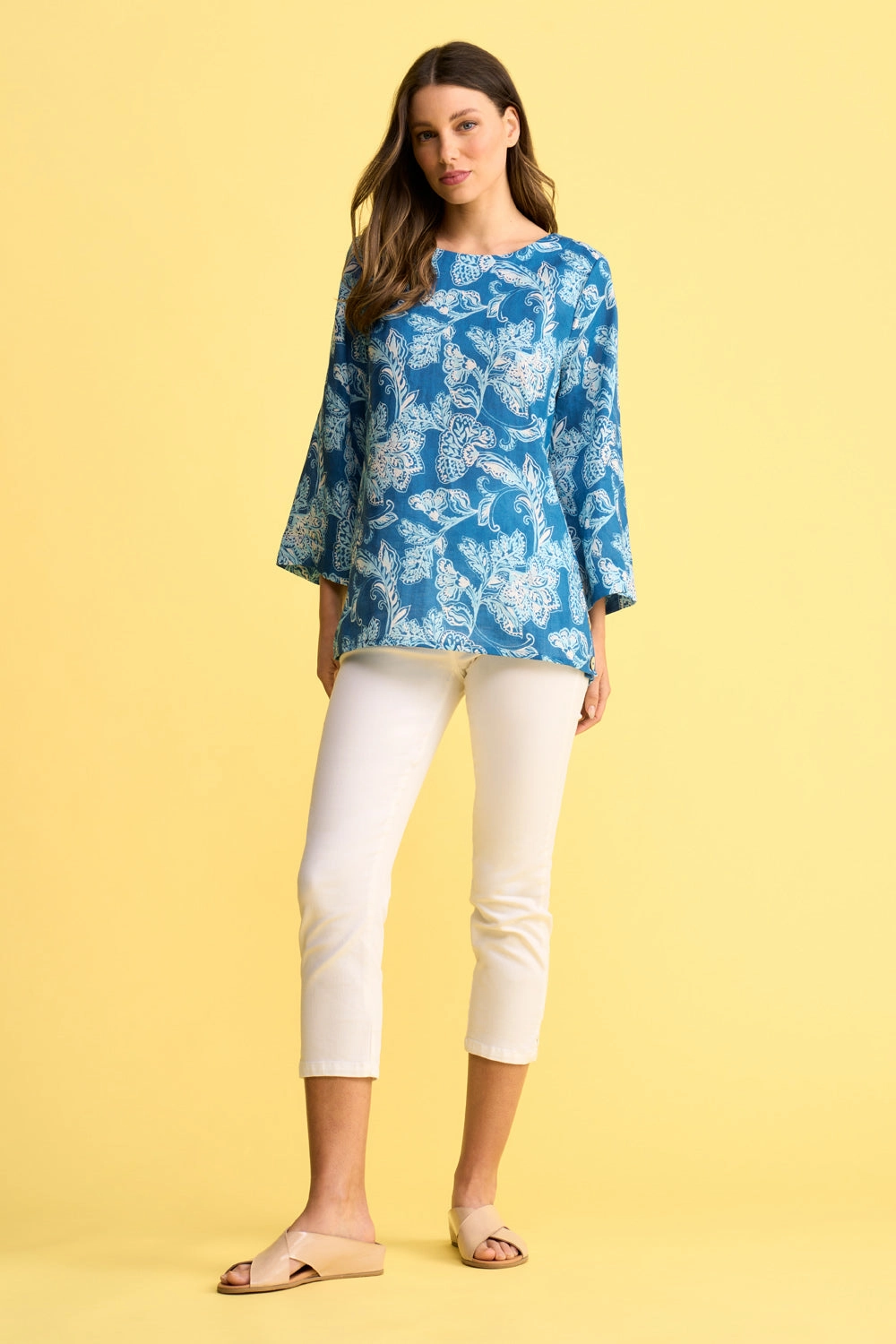 Non Iron Fabric French Linen Button Detail Top - Blue Print