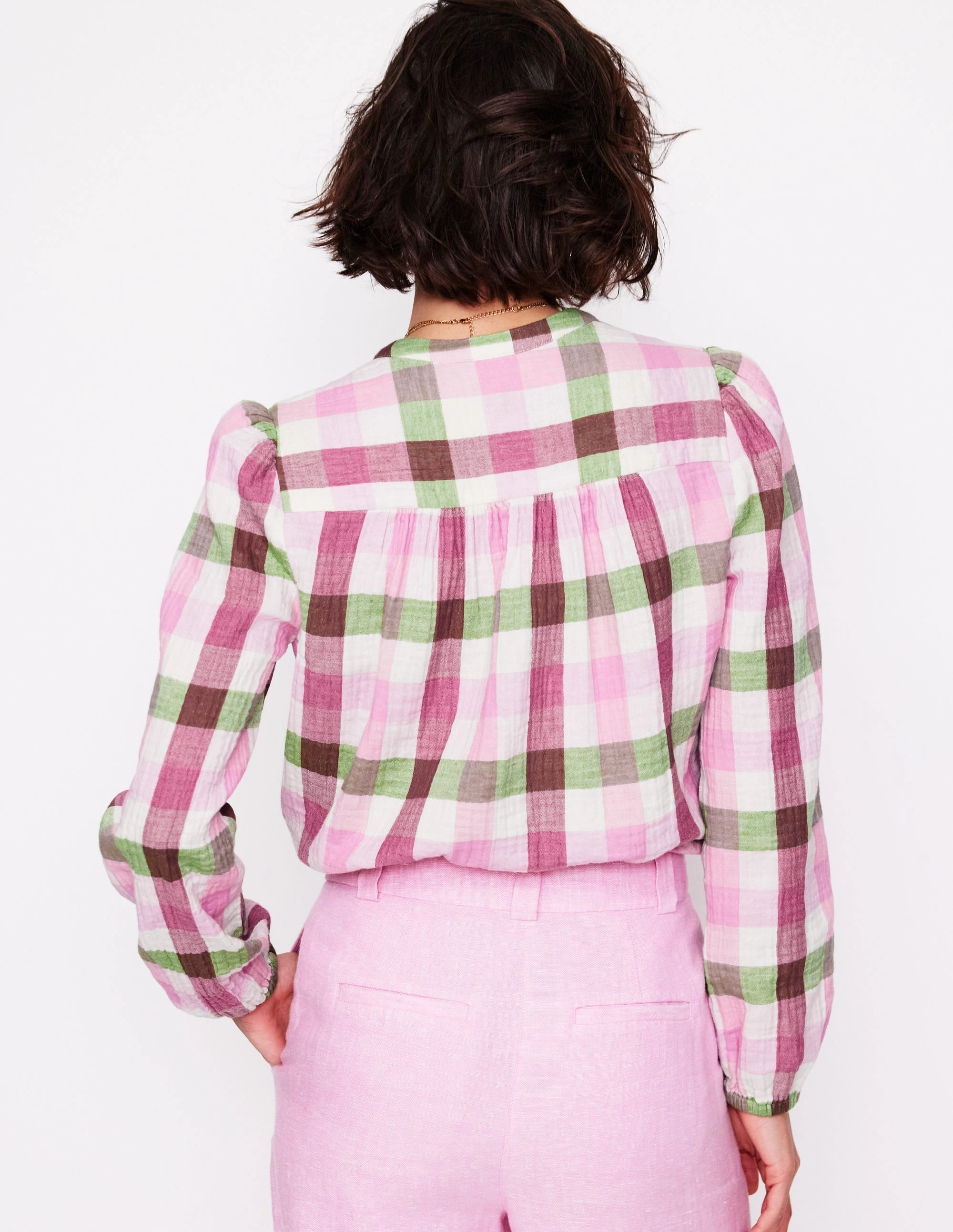 Gingham Double Cloth Top-Pink and Green Gingham Soft Stretch Fit Non Restrictive Fit