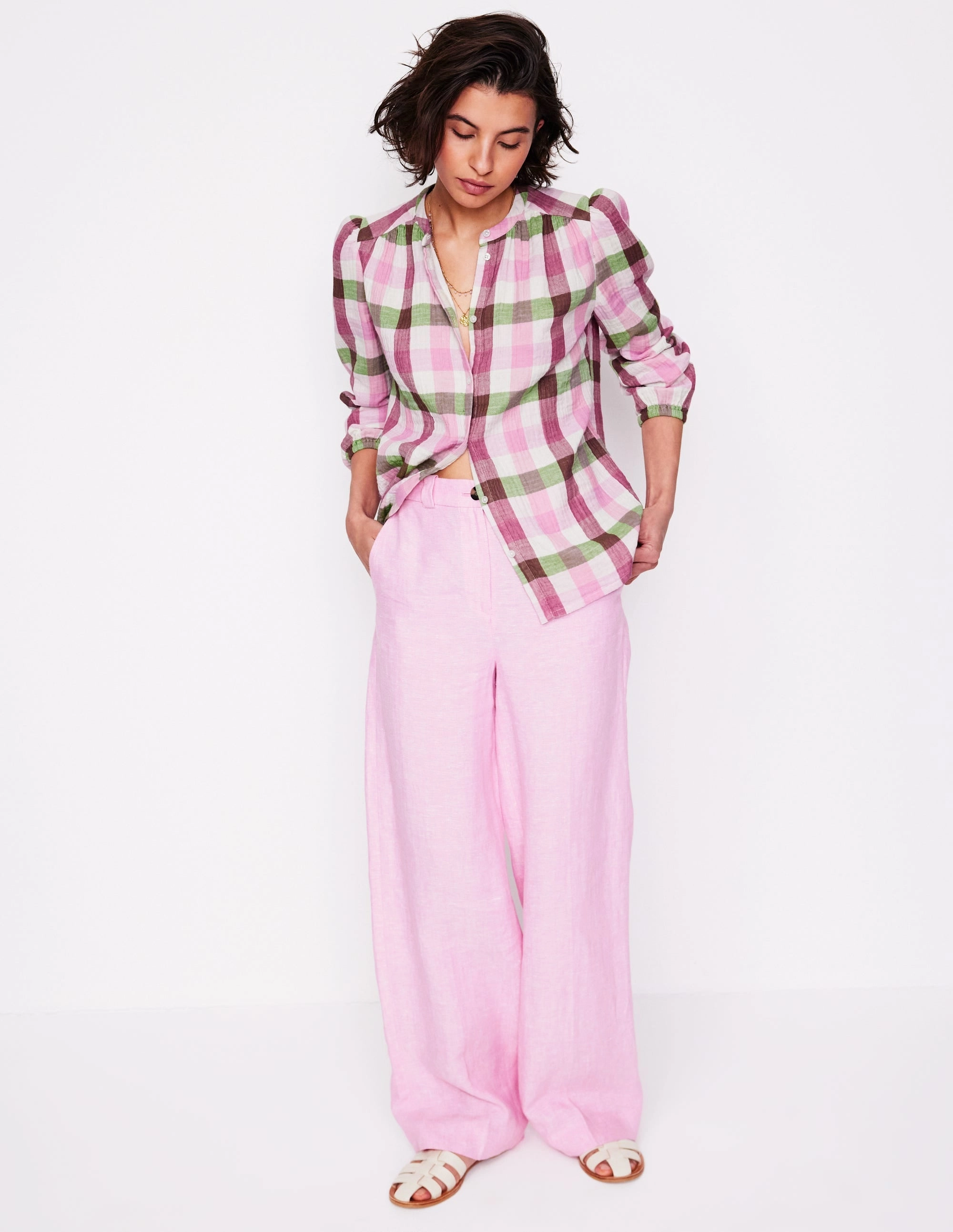 TearResistant Fabric Gingham Double Cloth Top-Pink and Green Gingham