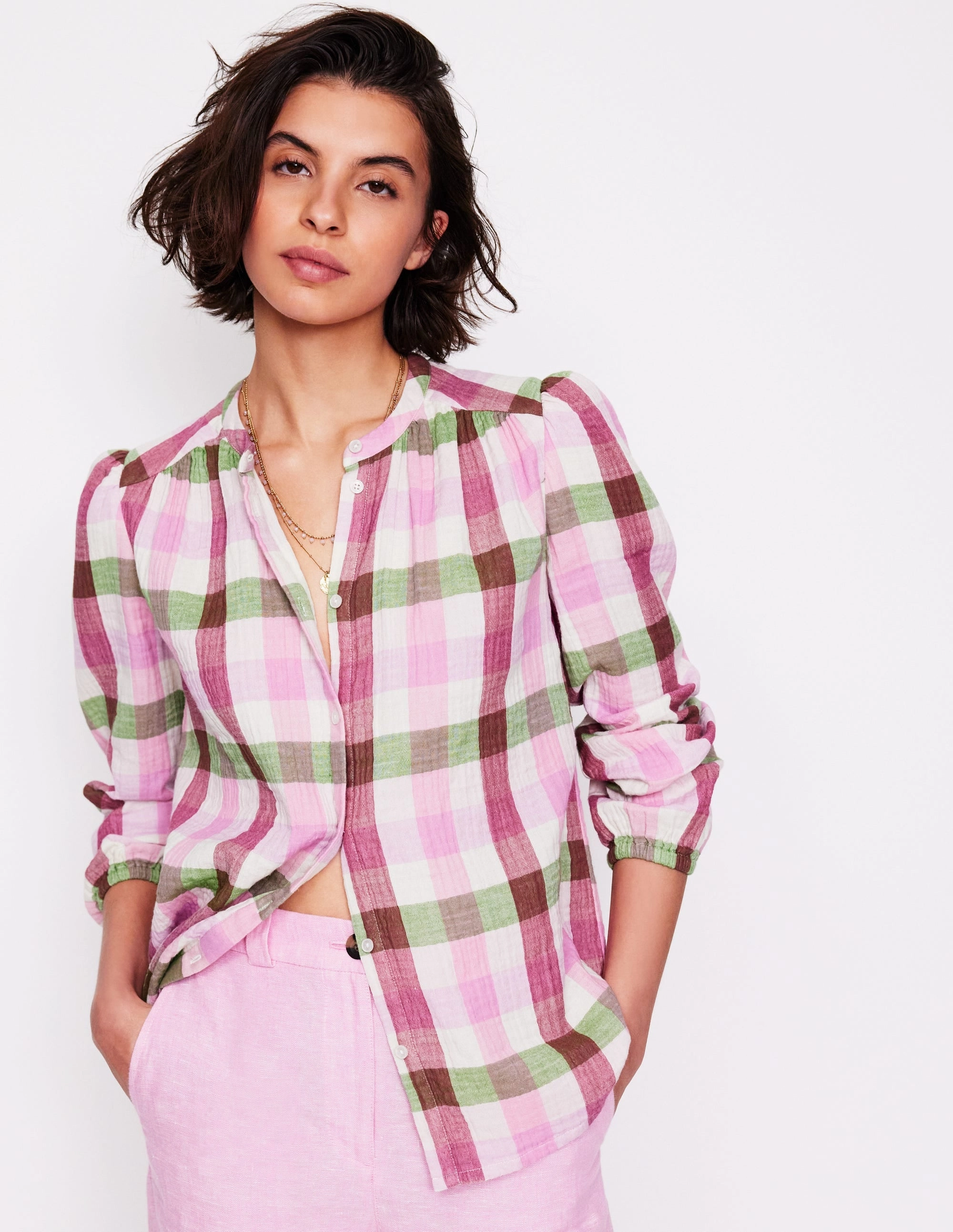 Gingham Double Cloth Top-Pink and Green Gingham Raw Edge Hem Breezy Design
