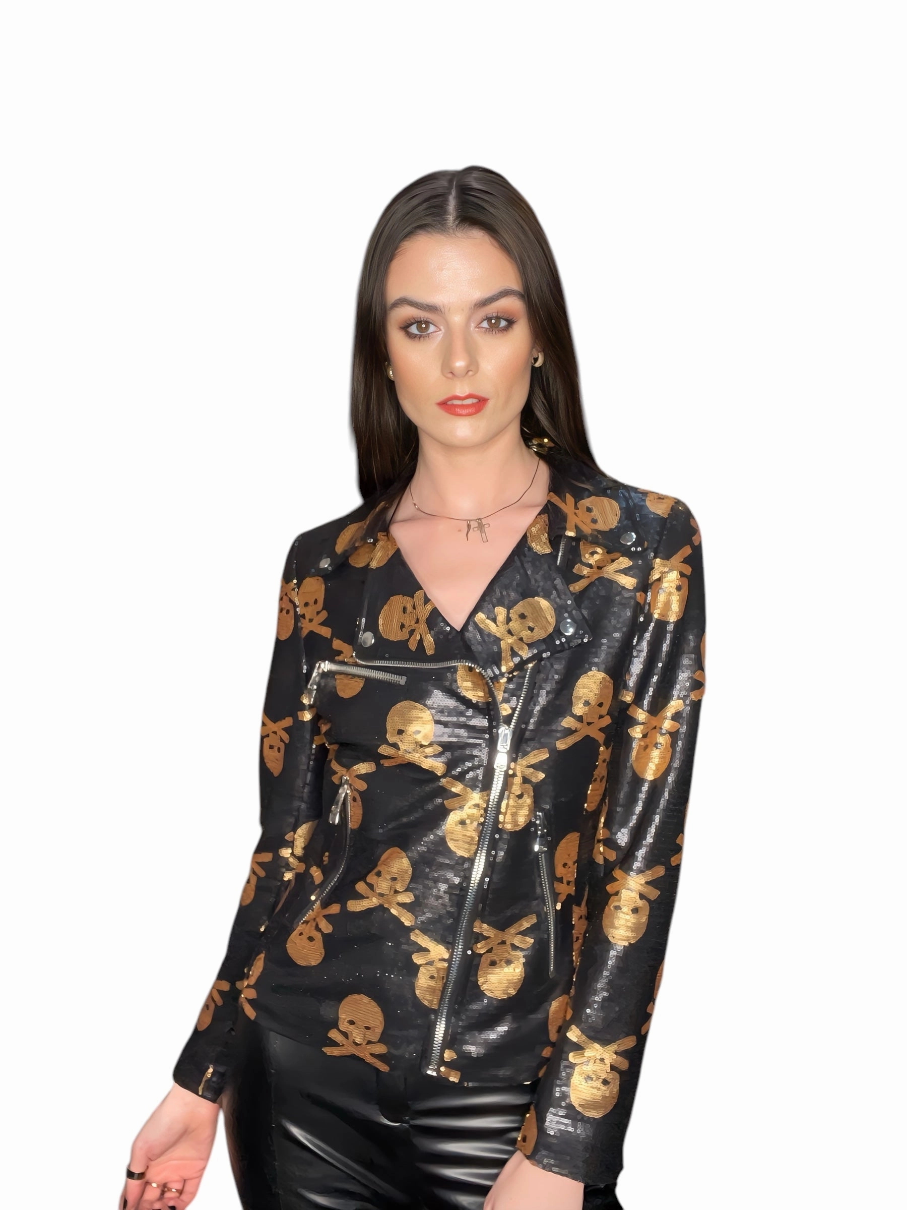 Any Old Iron Jolly Rodgered Sequin Moto Jacket HighNeck Comfy Layer