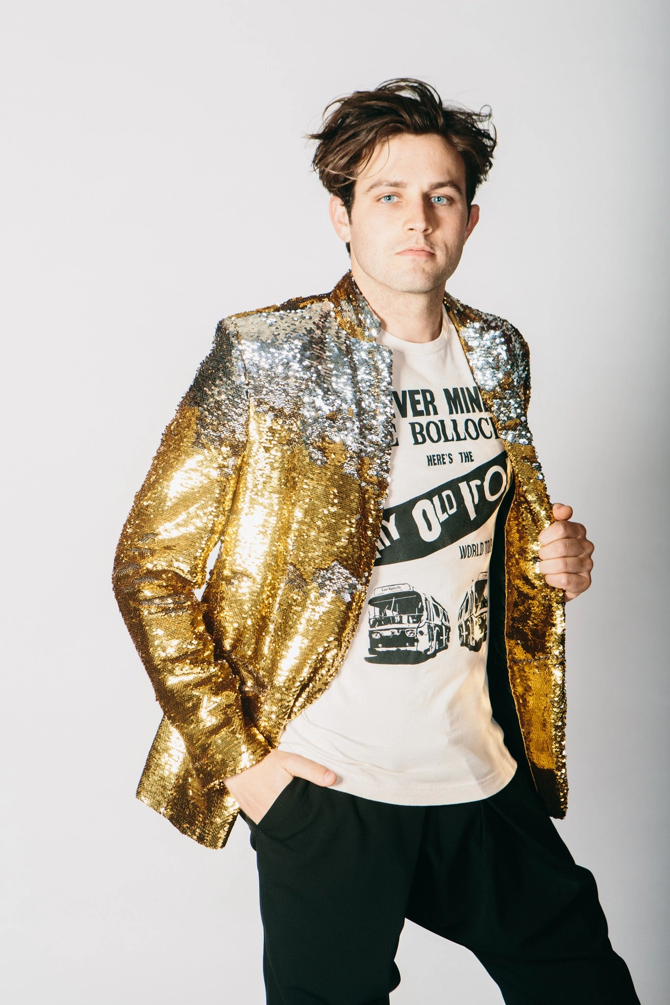 Any Old Iron Men's Gold/Silver Sequin Suit Blazer Jacket Valentine's look Headband