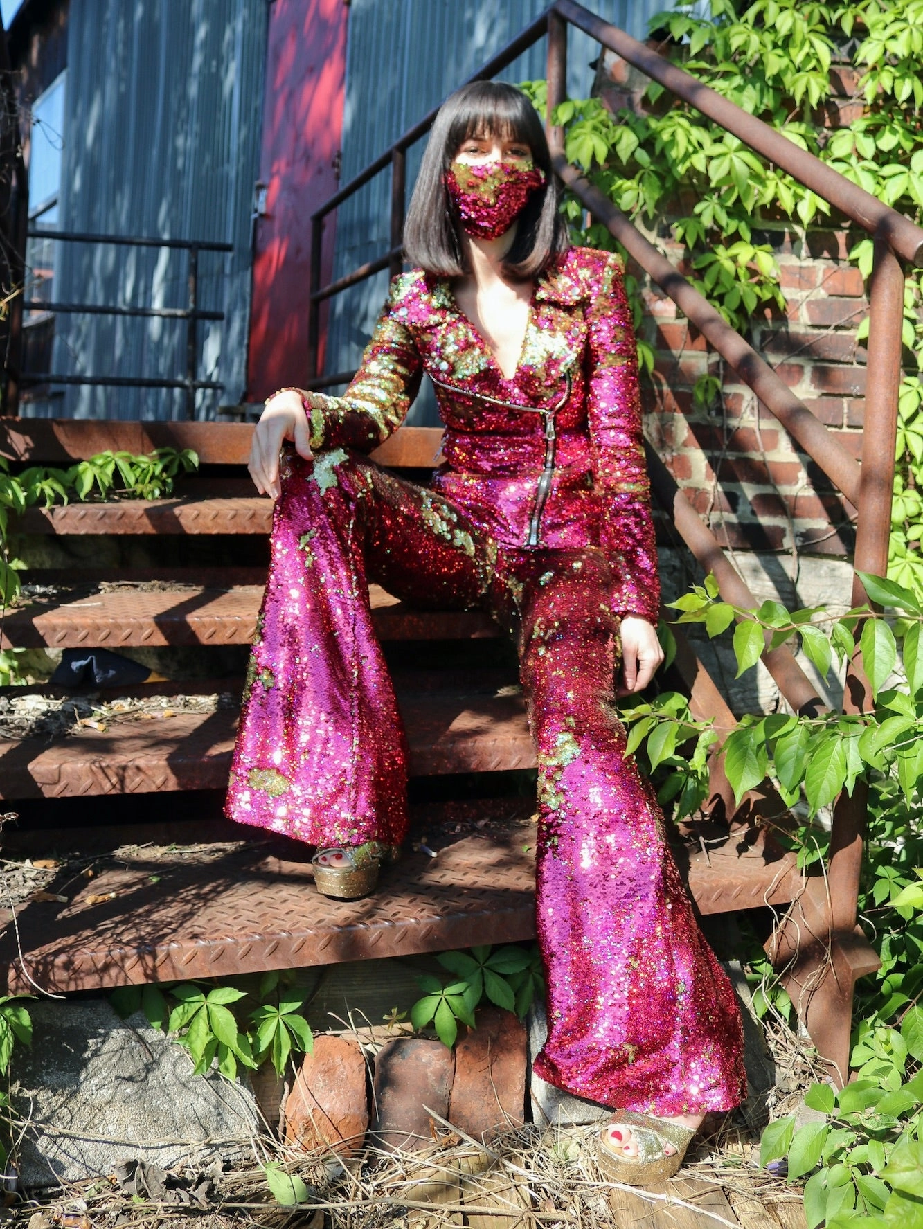 Any Old Iron Pink Hologram Moto Jacket Striped