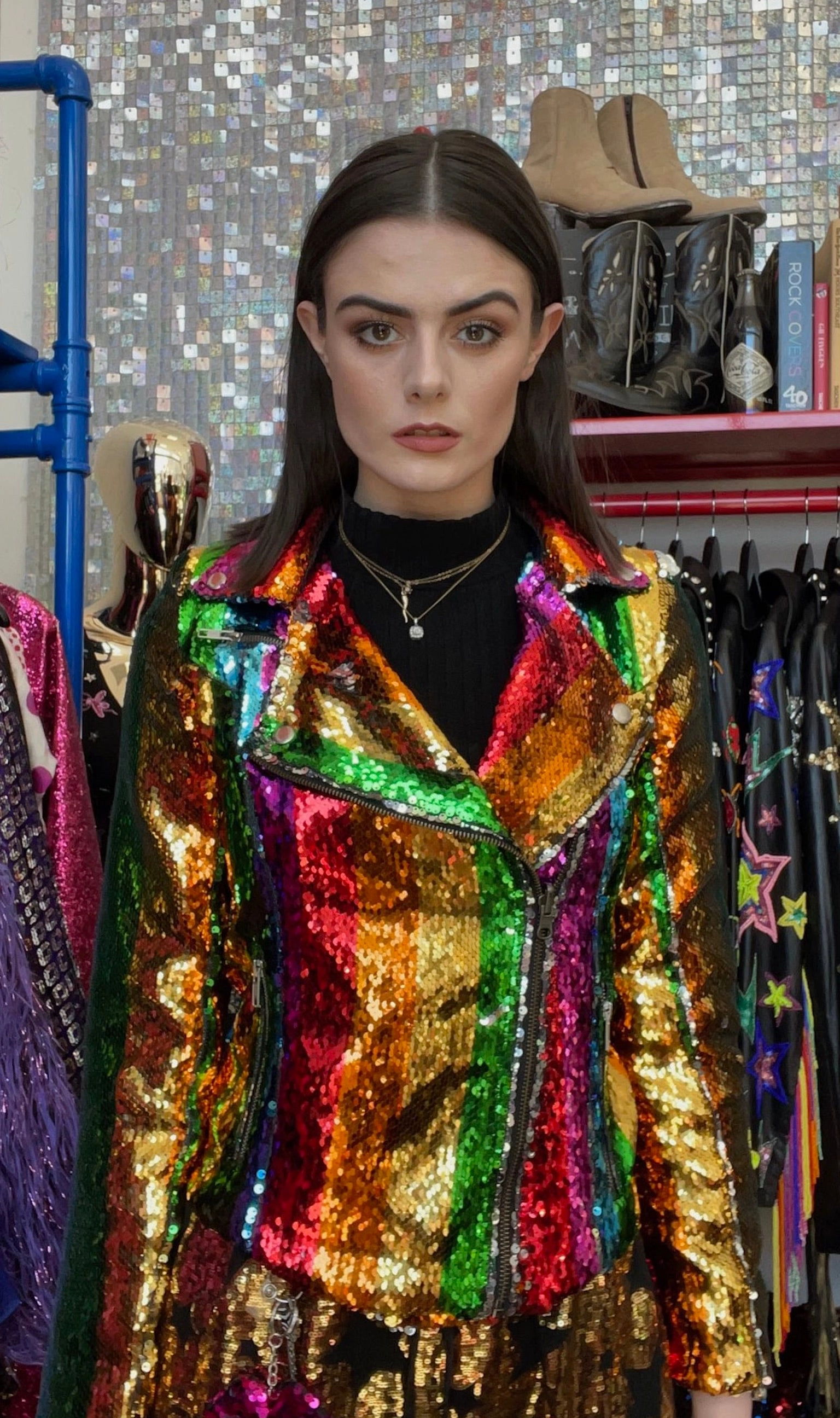 Any Old Iron Rainbow Sequin Moto Fashion Active Cold Weather Jacket