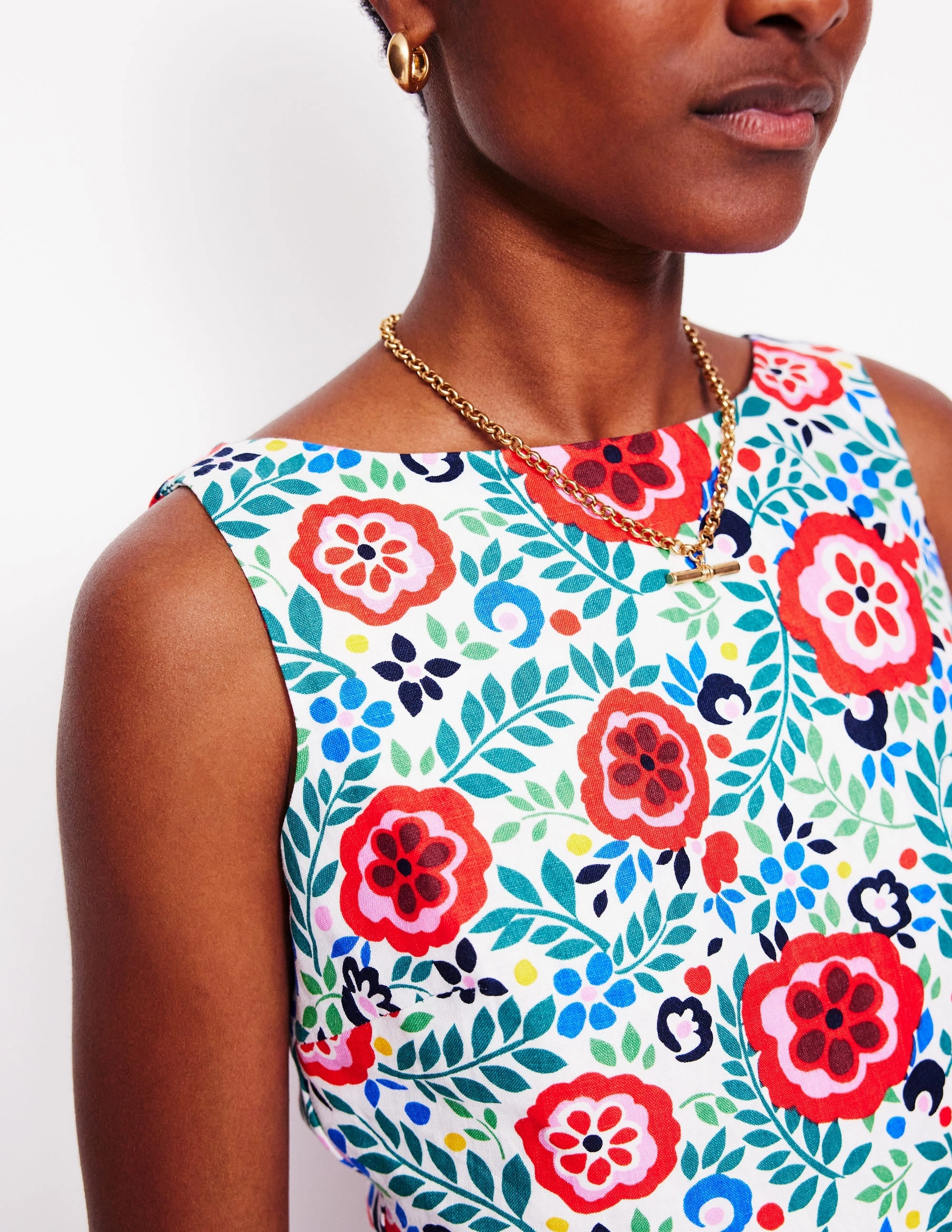 Non-Iron Chill Wear Anya Sleeveless Linen Dress-Multi, Foliage Scatter