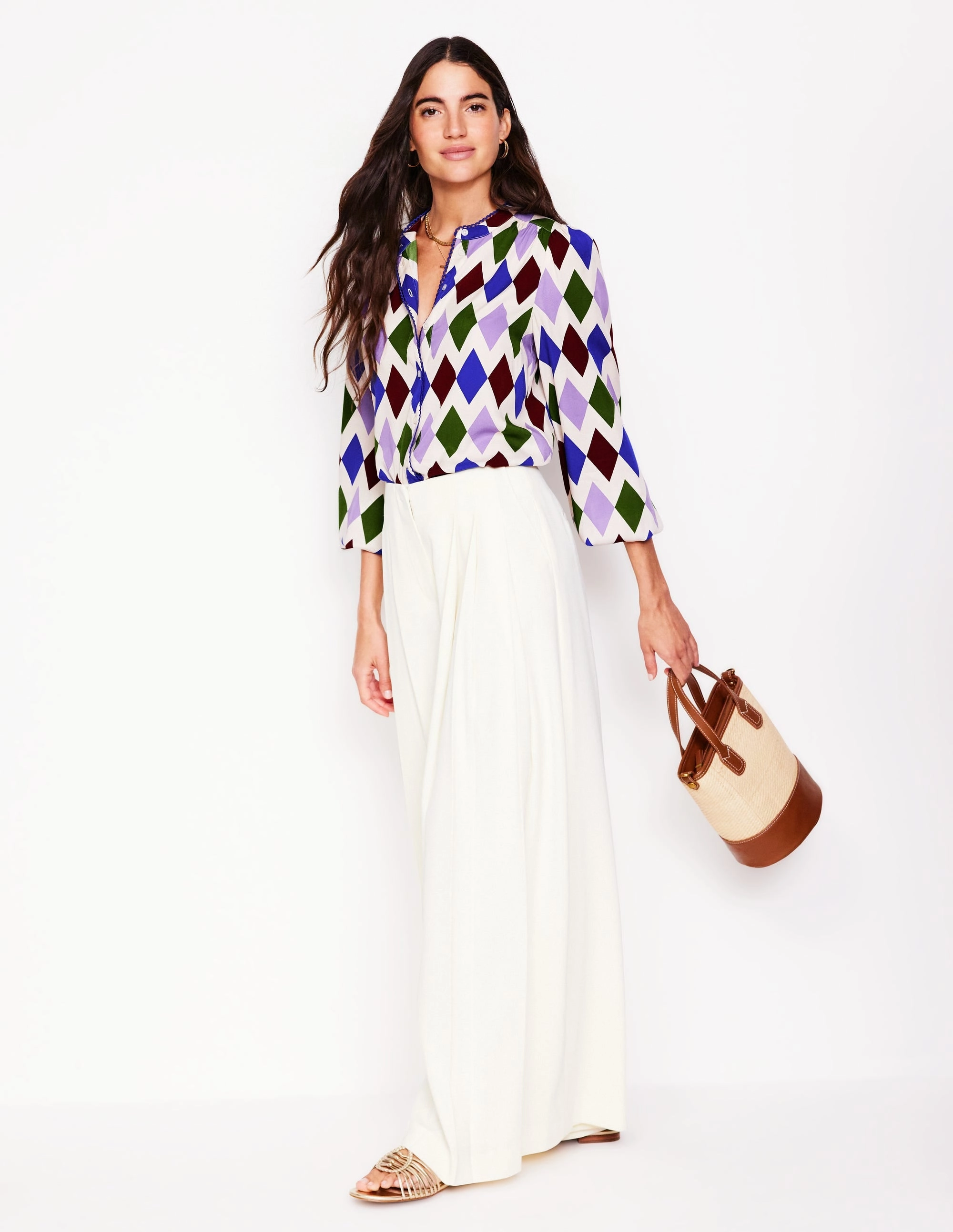 Sweat Absorbent Ara Long Sleeve Top-Multi, Diamond Stripe