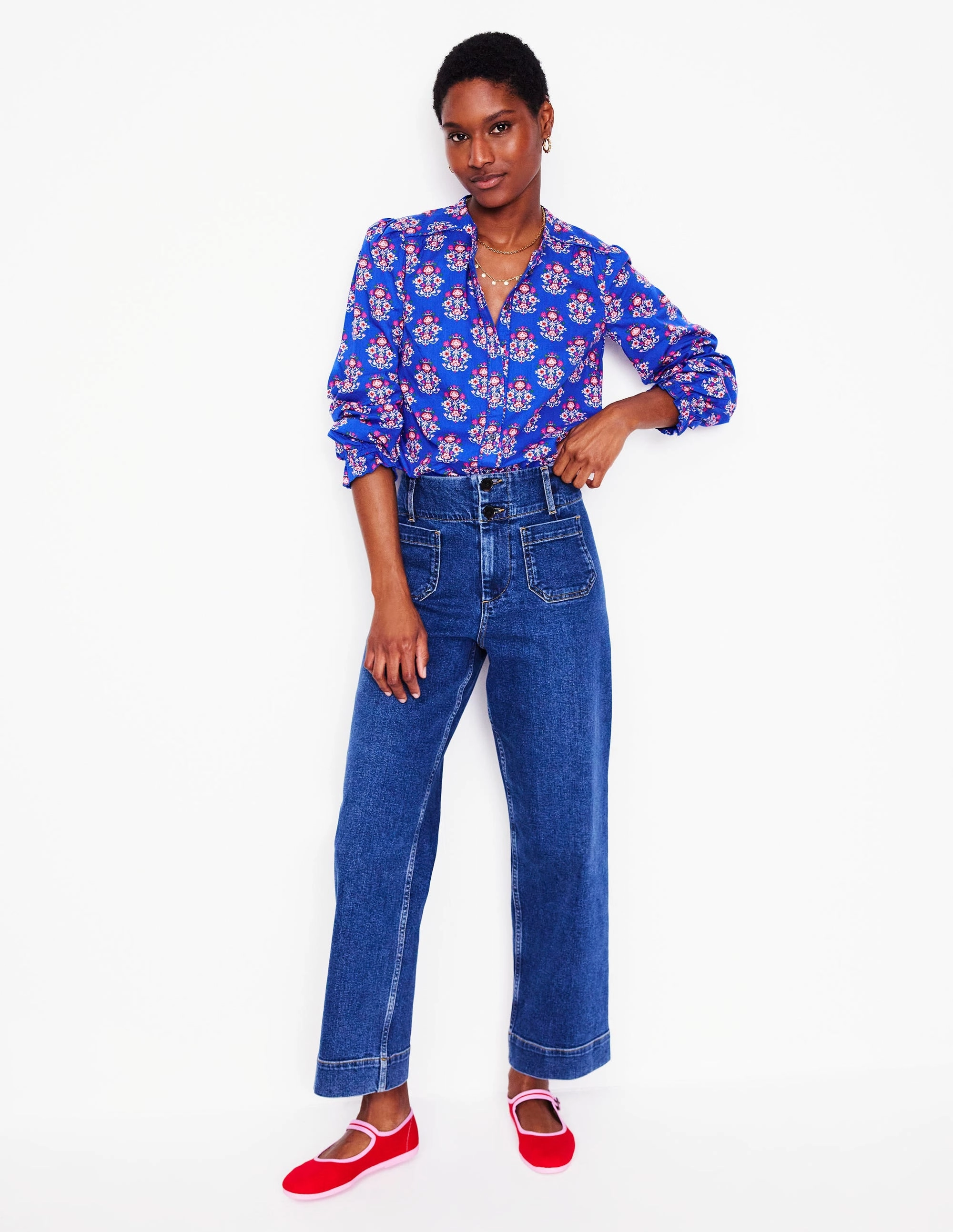 Cotton Blend Comfortable All Day Wear Arabella Cotton Blouse-Bright Blue, Wildflower Stamp