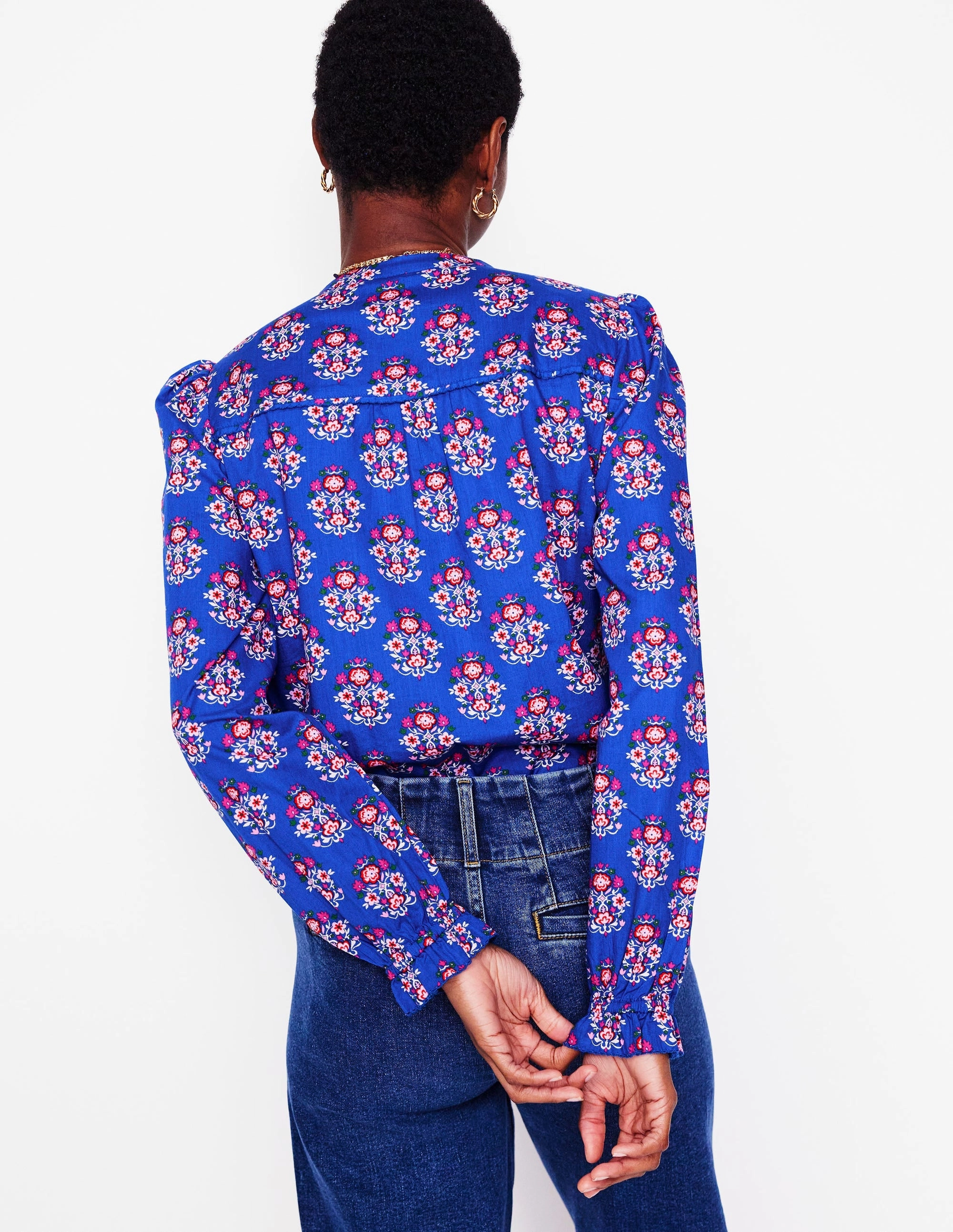 Arabella Cotton Blouse-Bright Blue, Wildflower Stamp Relax Comfort Style Comfy Vibes