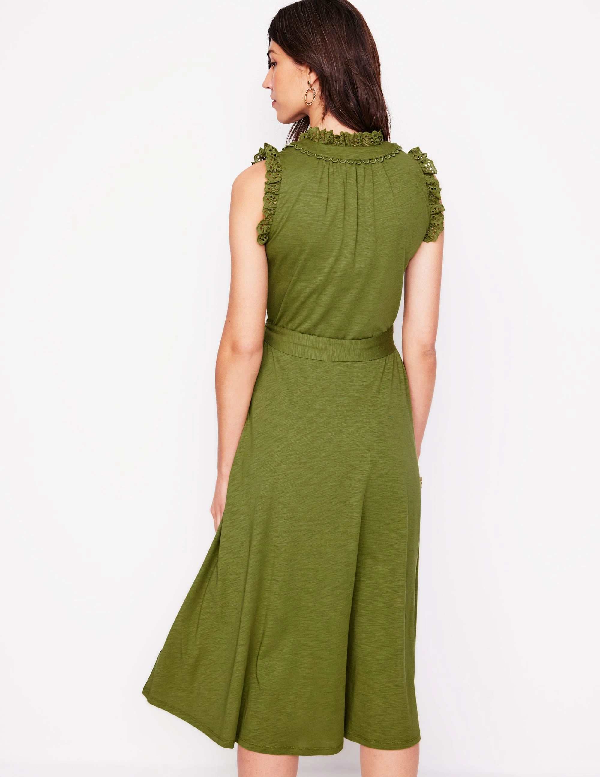 Beaded-Edge Aria Broderie Trim Midi Dress-Deep Olive