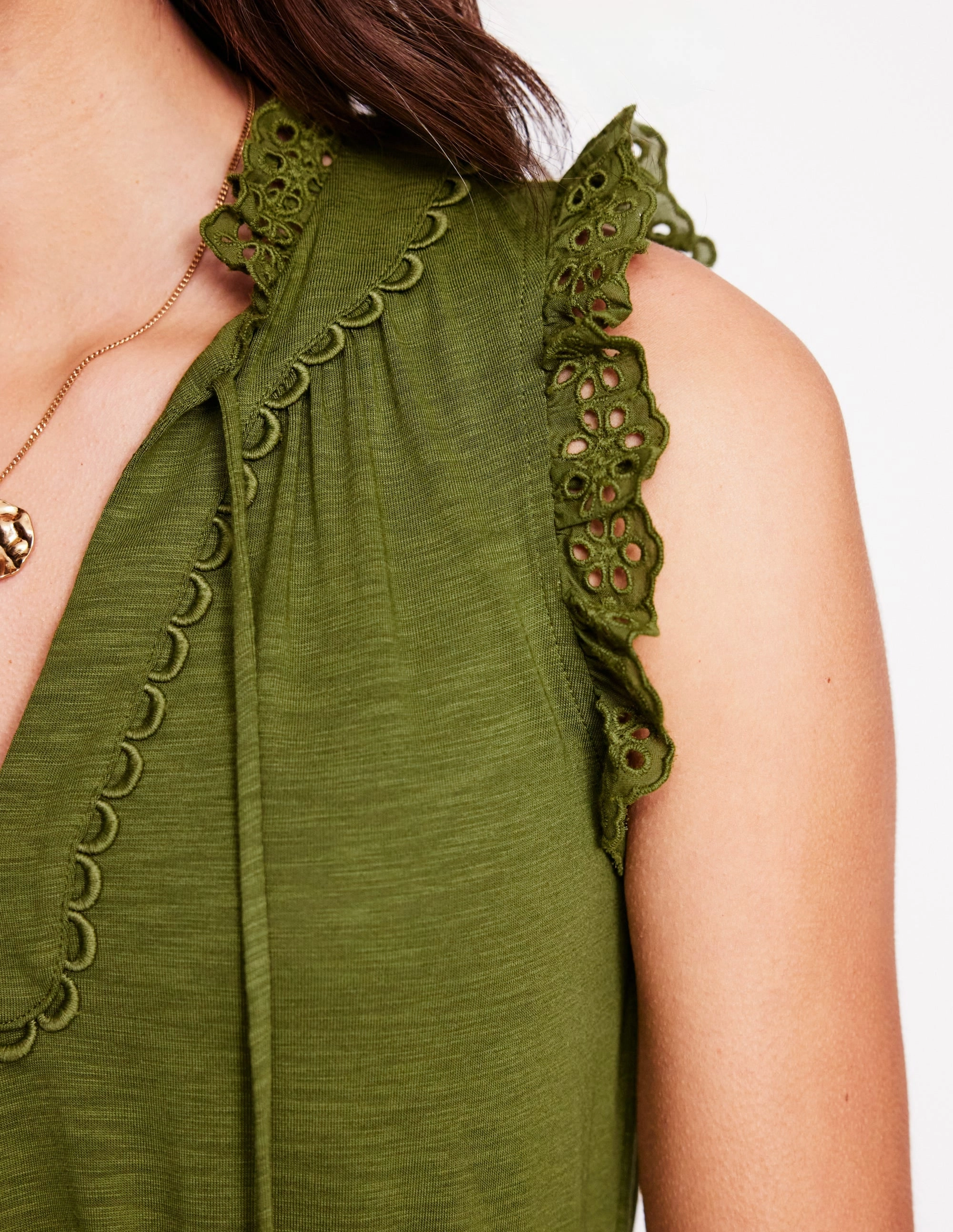 Aria Broderie Trim Midi Dress-Deep Olive SeamlessConstruction Soul Warm