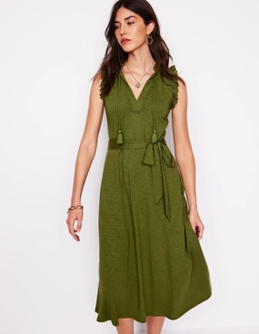 Aria Broderie Trim Midi Dress-Deep Olive Saturated Hue Sheer Overlay