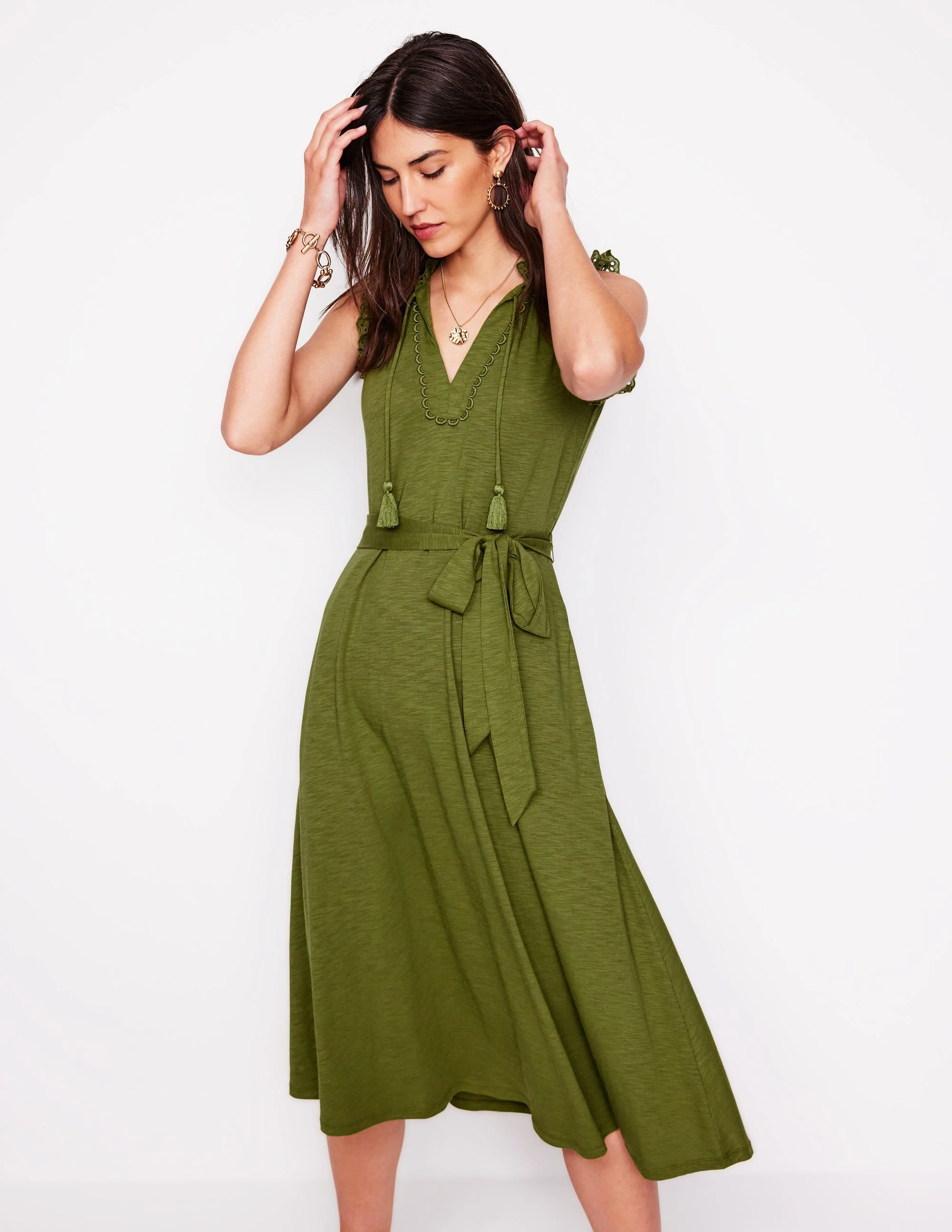 Sleek And Stylish Aria Broderie Trim Midi Dress-Deep Olive
