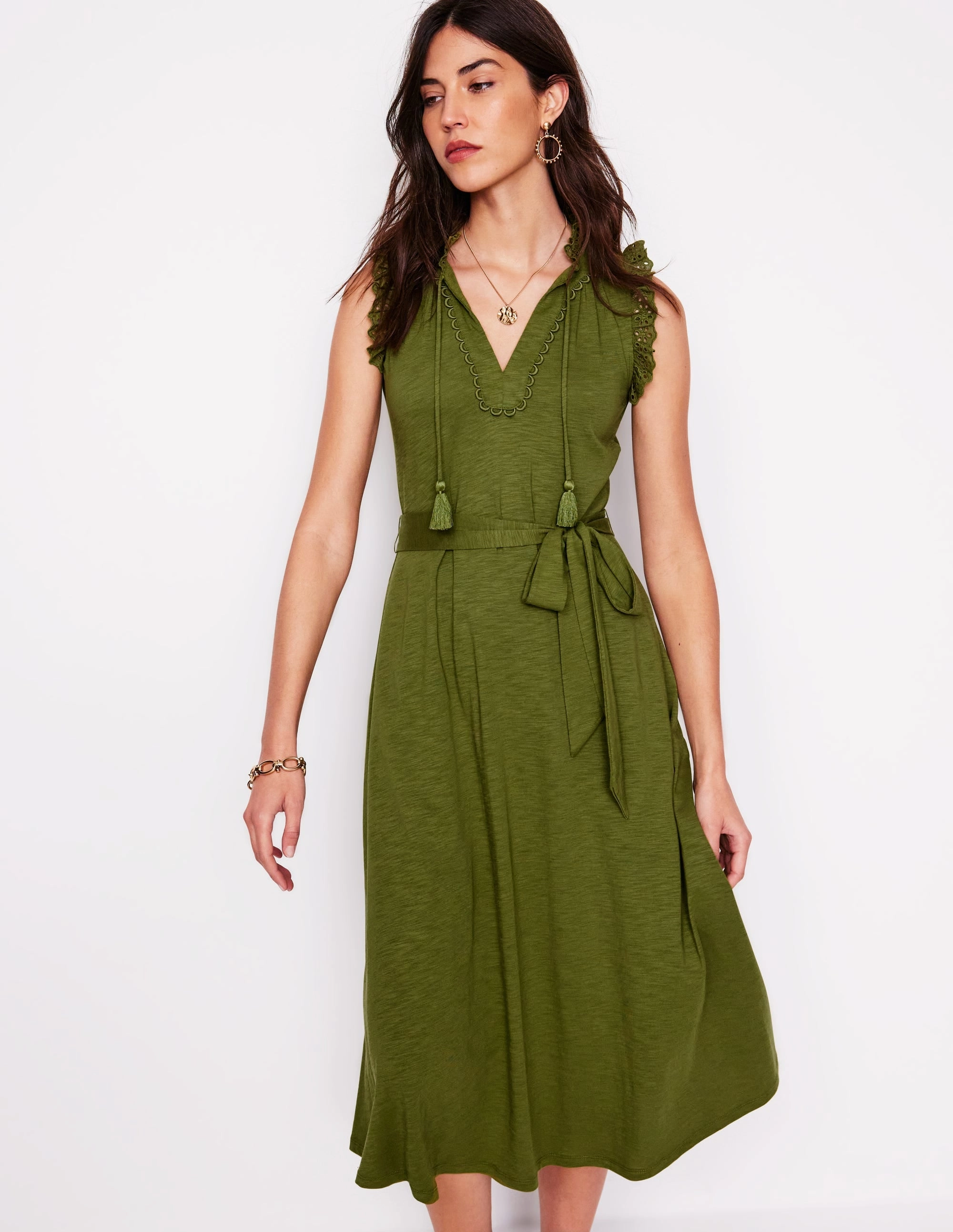 Aria Broderie Trim Midi Dress-Deep Olive Saturated Hue Sheer Overlay