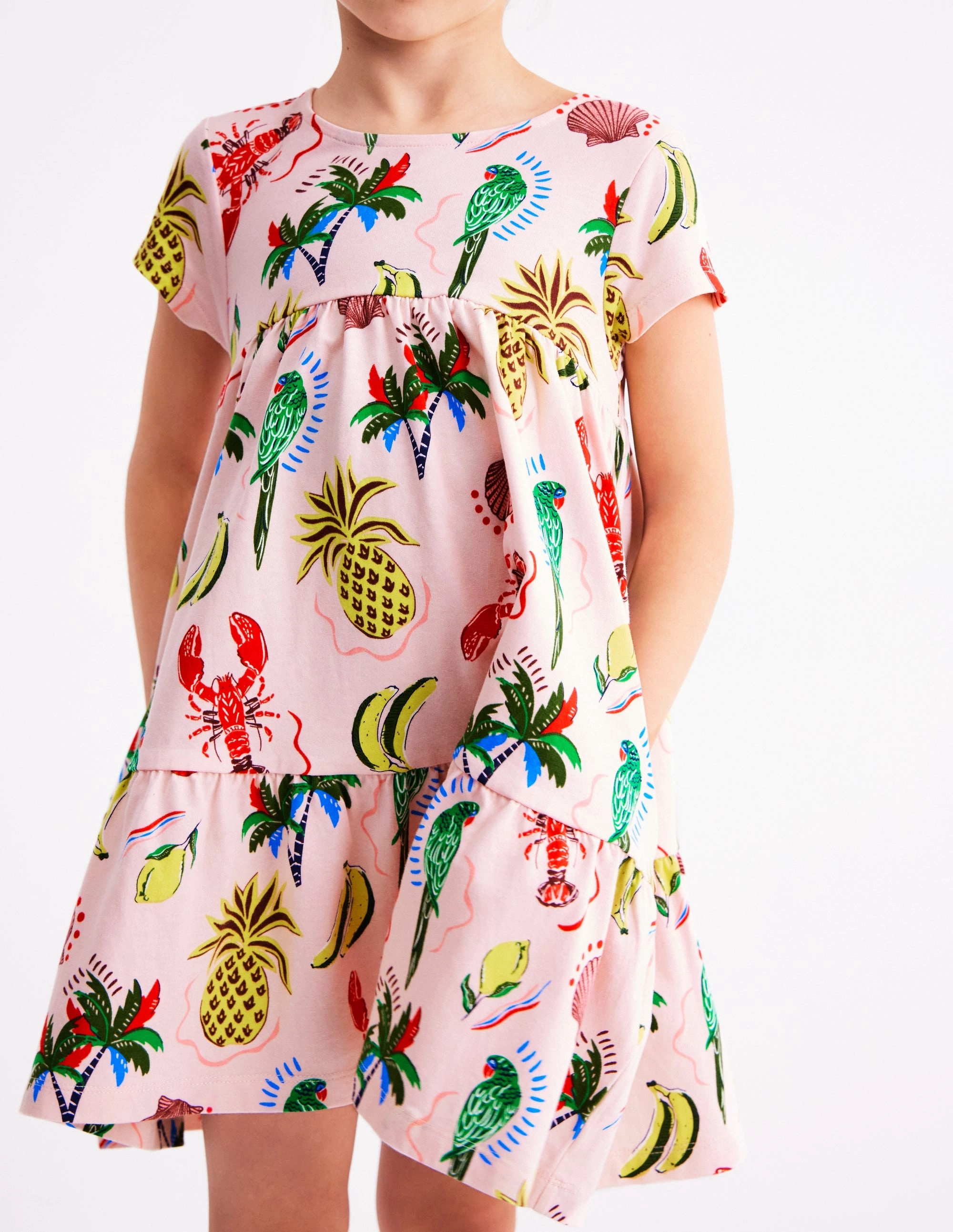 Ariel Twirly Jersey Dress-Chalk Pink Tropical Print Summer-Season Sleeveless