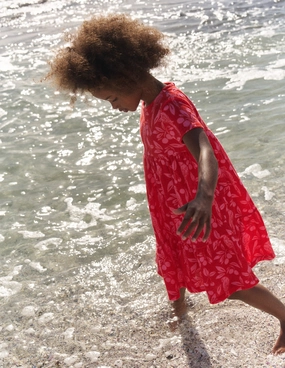 Ariel Twirly Towelling Dress-Poppy Red Parrot Palm Light Coral