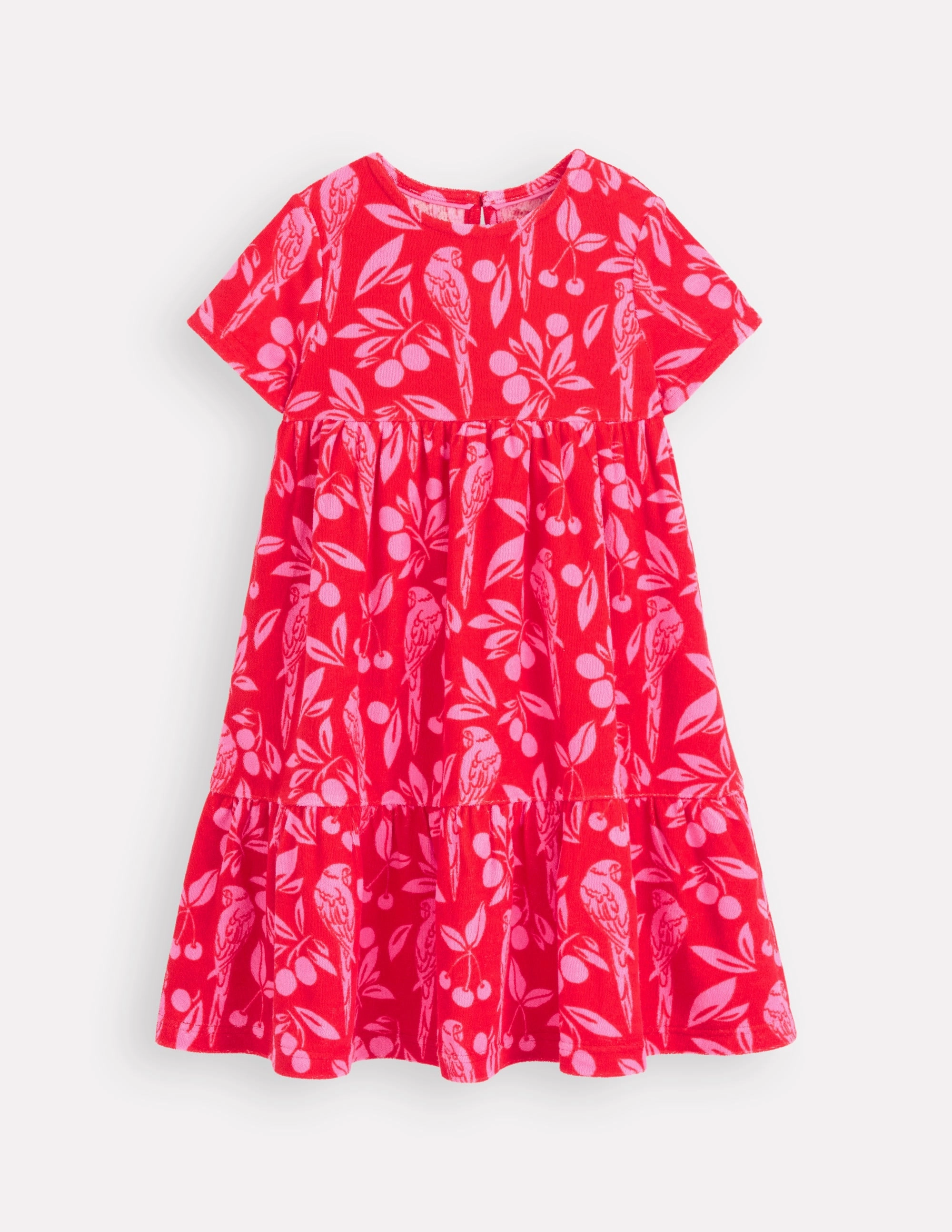 Ariel Twirly Towelling Dress-Poppy Red Parrot Palm Modern Silhouette