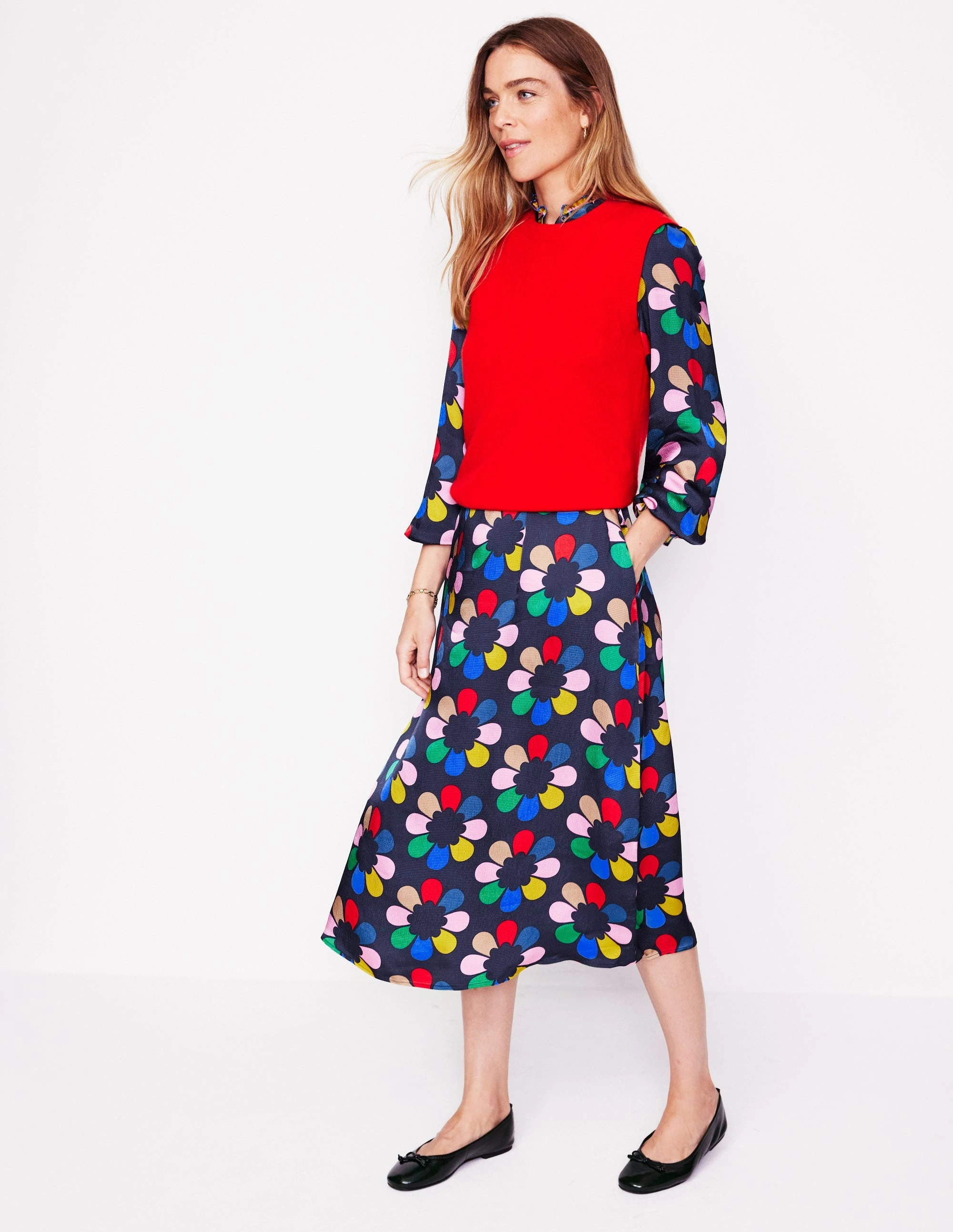 Jasmine Satin Midi Dress-Multi, Structured Petal Belted-Style