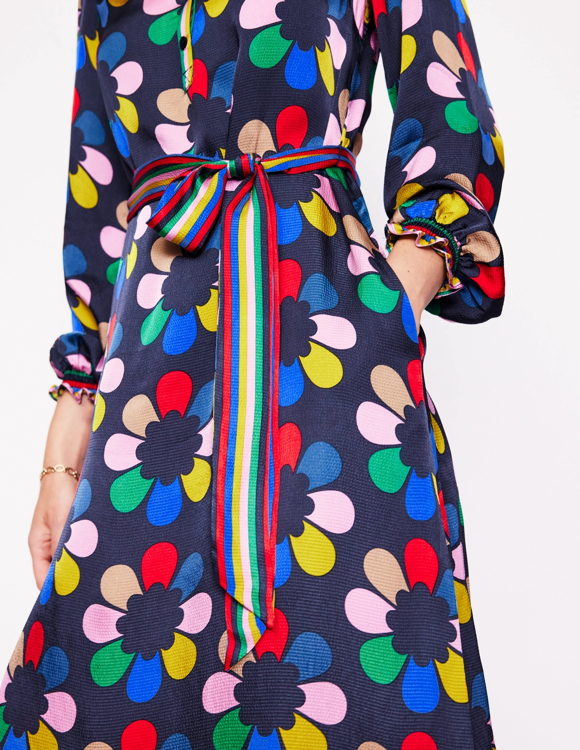 Casual Smart Jasmine Satin Midi Dress-Multi, Structured Petal