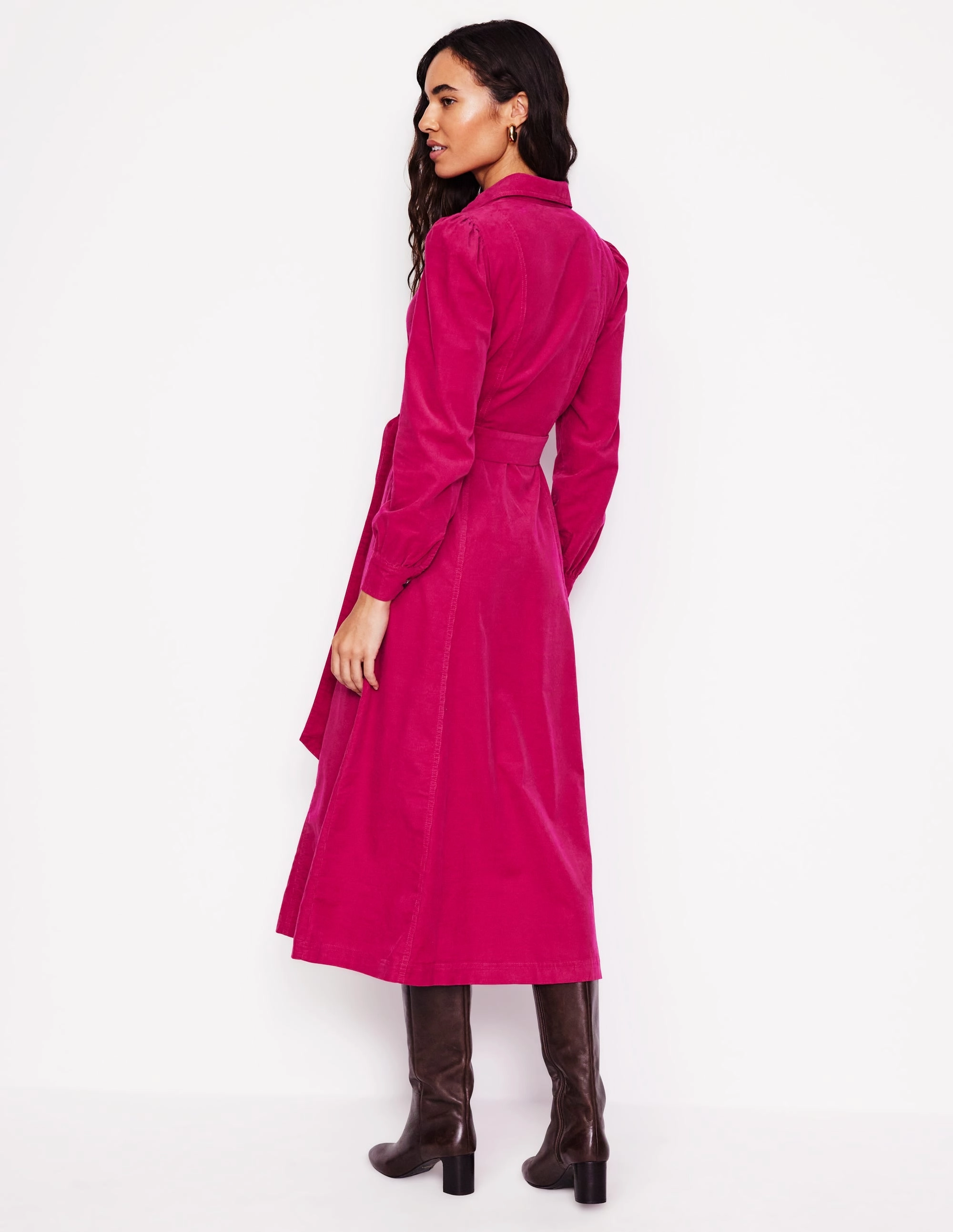 Aubrey Cord Midi Shirt Dress-Cherry Jam Dreamy Touch Vibrant Waist Fit