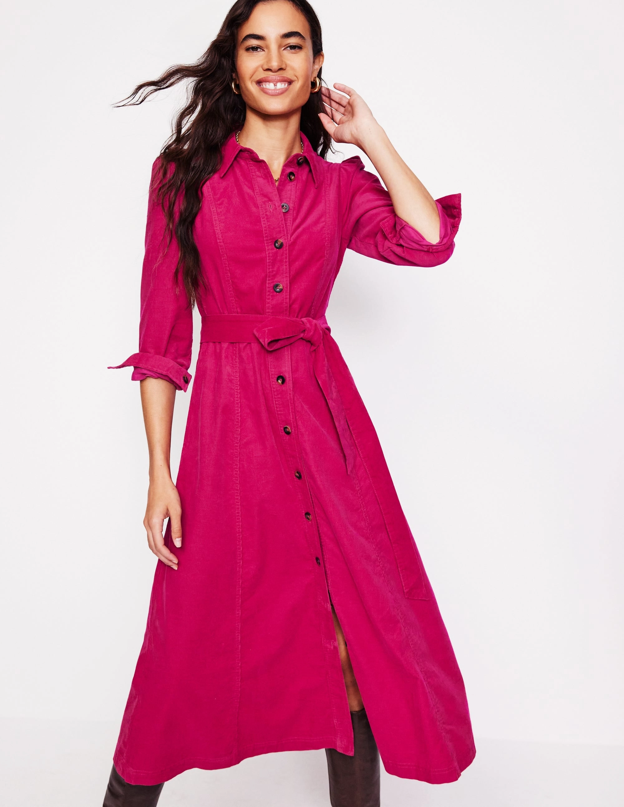 All-Occasion Wear Aubrey Cord Midi Shirt Dress-Cherry Jam