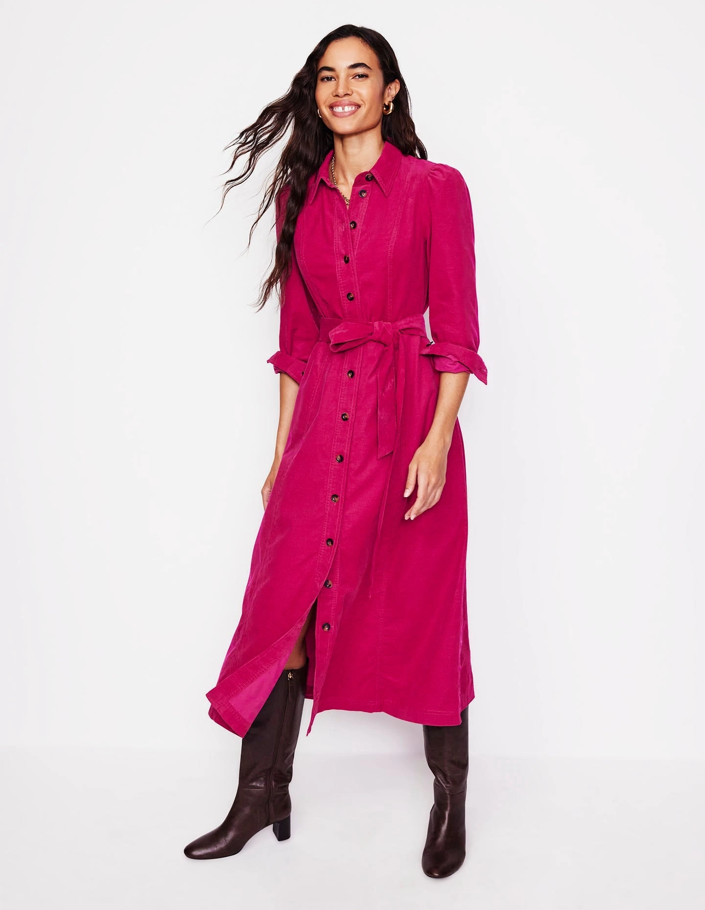 Aubrey Cord Midi Shirt Dress-Cherry Jam Square-Neck TemperatureRegulatingFabric