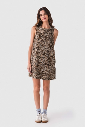 Cammelia Round Neck Sleeveless Animal Print Twill Dress Neutral Flow
