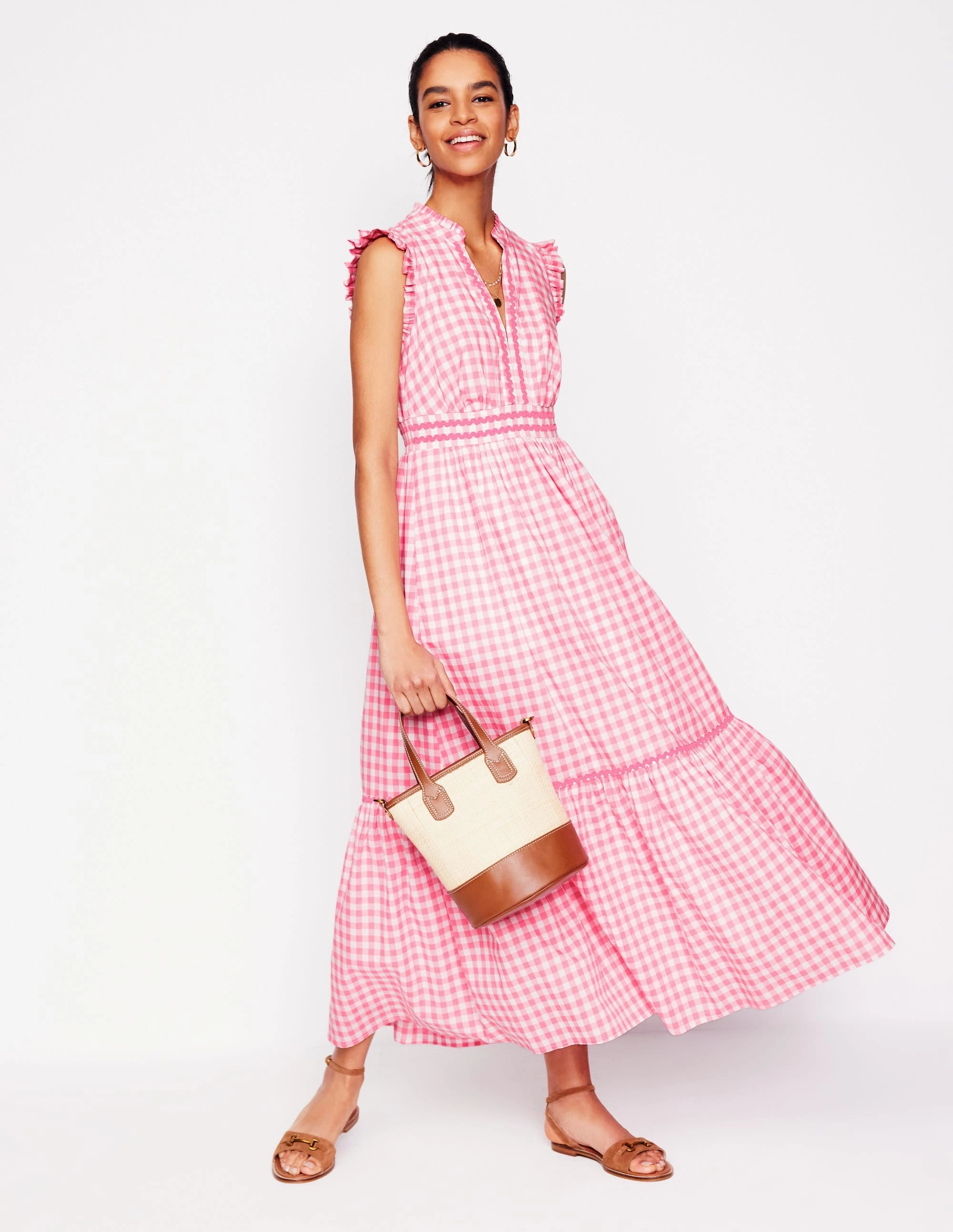Wren Tiered Midi Dress-Salmon Pink Gingham Work Fit Polished office dress