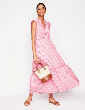 Wren Tiered Midi Dress-Salmon Pink Gingham Work Fit Polished office dress