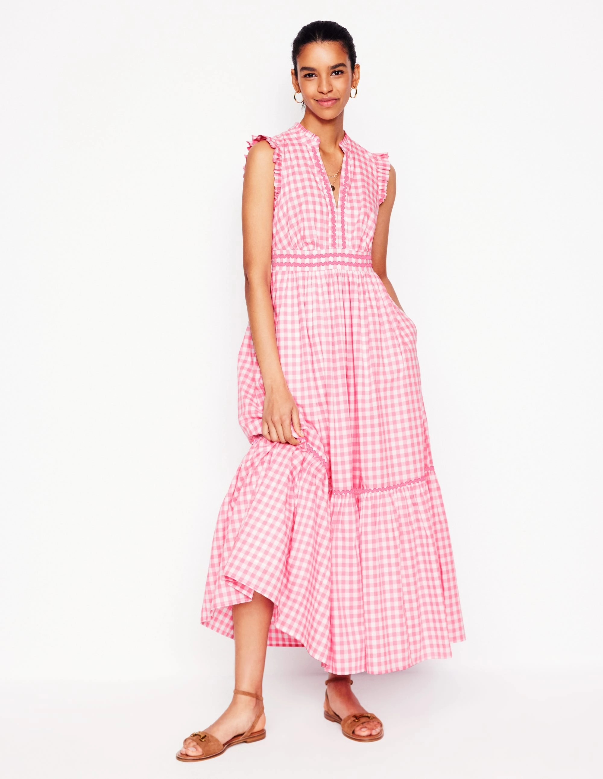 Flattering Layers Light and Comfortable Wear Wren Tiered Midi Dress-Salmon Pink Gingham