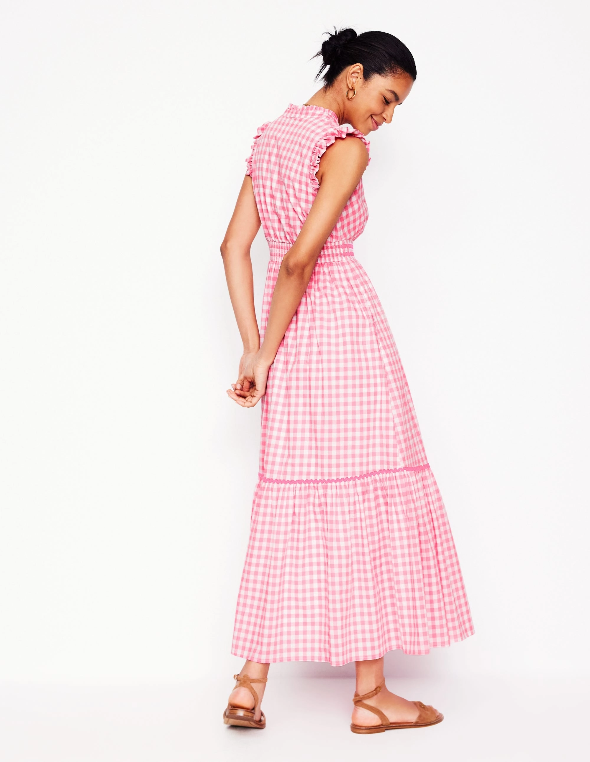 Wren Tiered Midi Dress-Salmon Pink Gingham Outfit Boost