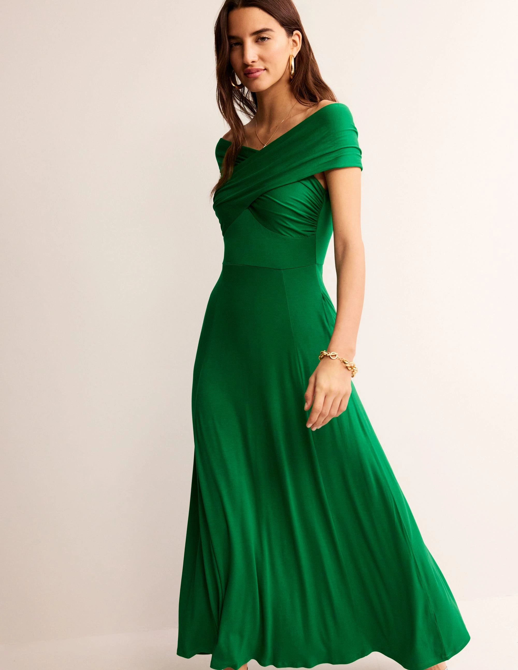 Modest Light Bardot Jersey Maxi Dress-Green Tambourine