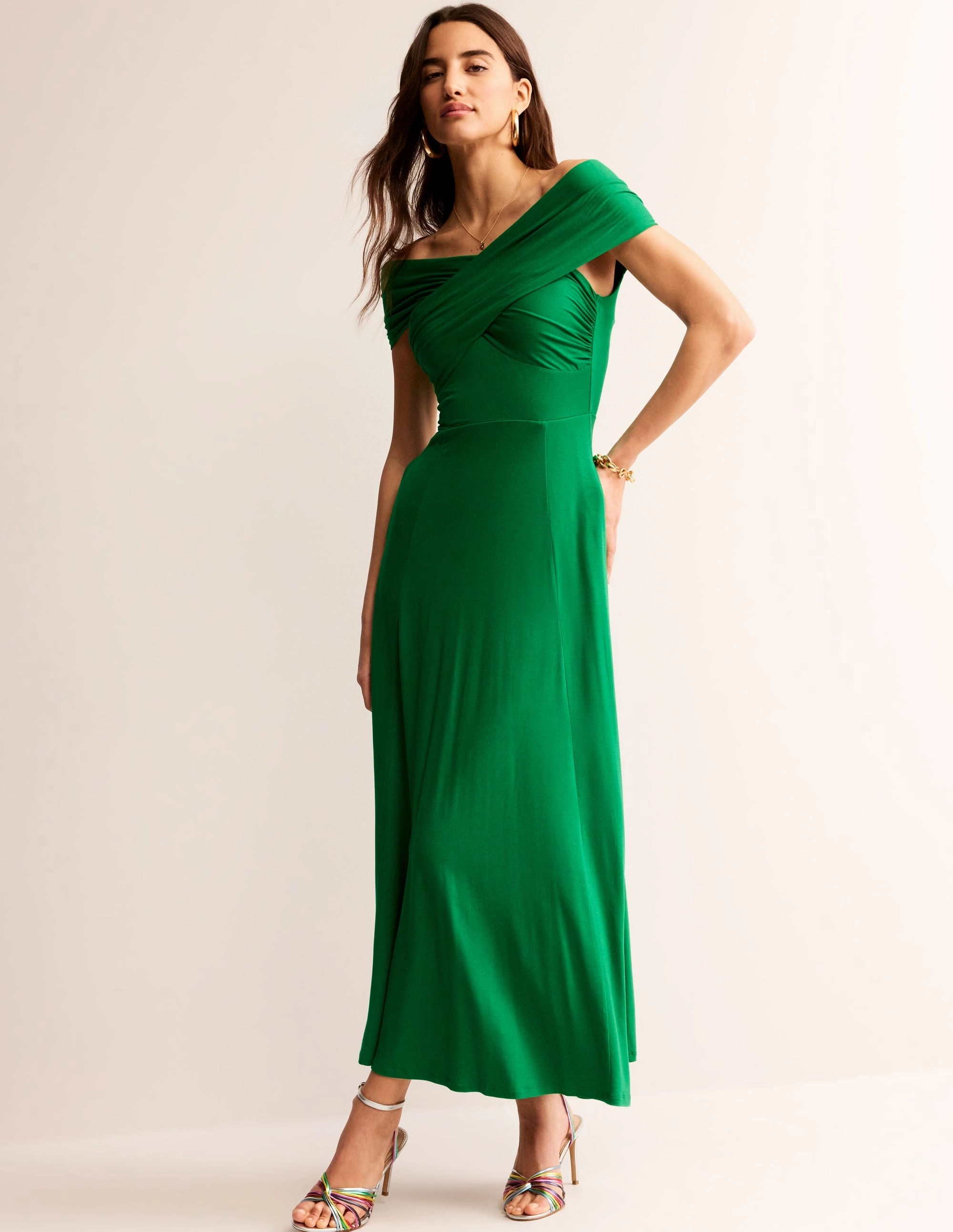 Vibrant Form Organic-Fabric Bardot Jersey Maxi Dress-Green Tambourine