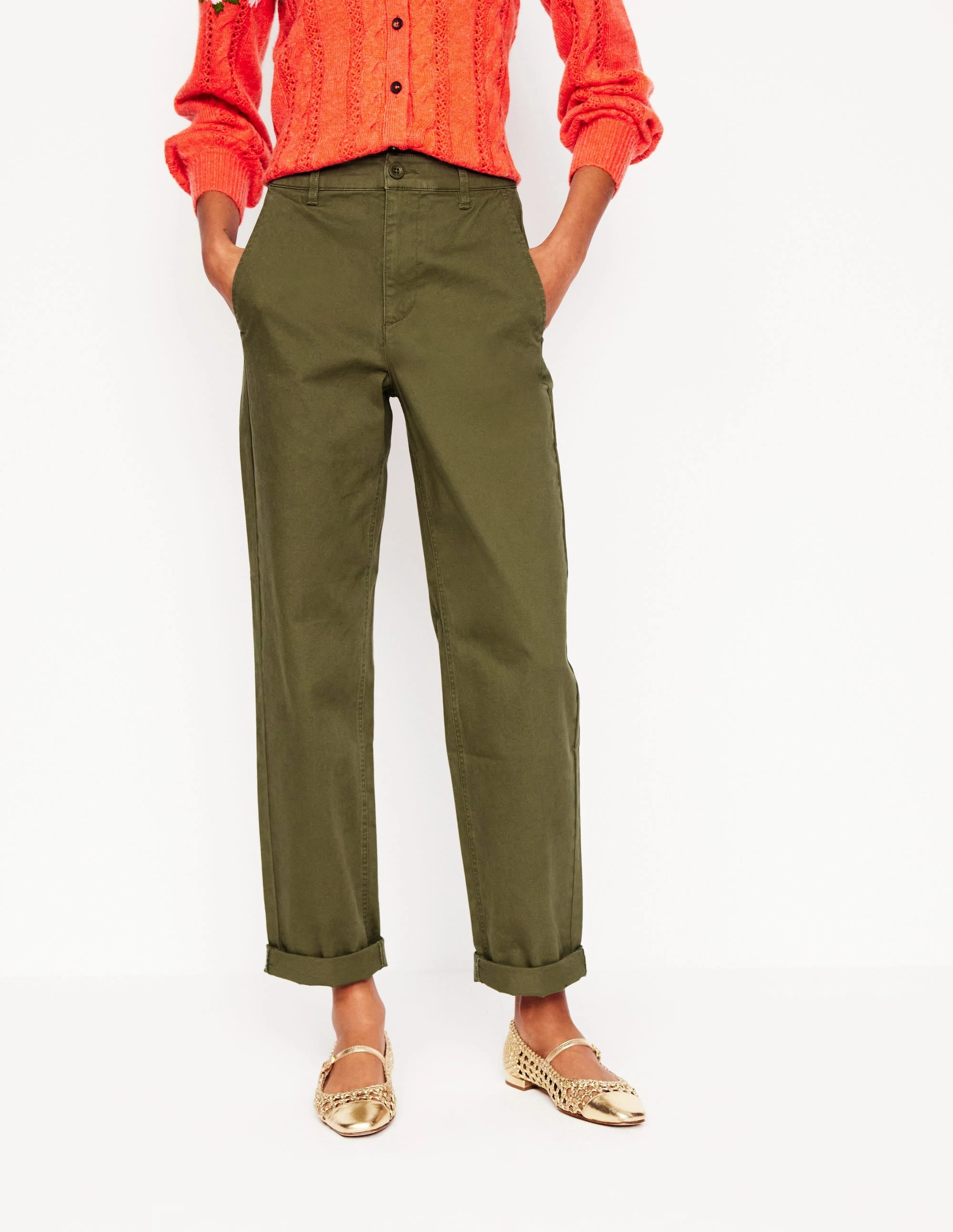 Barnsbury Chino Trousers-Woodland Green Softened Hem Easy Wear