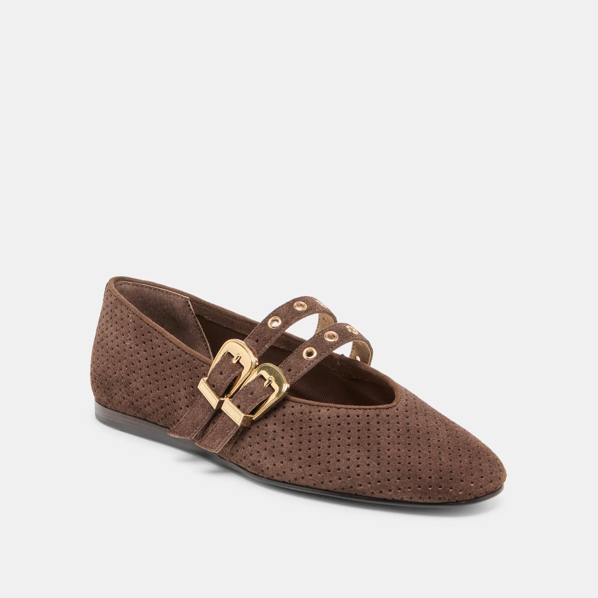 Comfortable Style BAYLEE GROMMET BALLET FLATS DK BROWN PERFORATED SUEDE