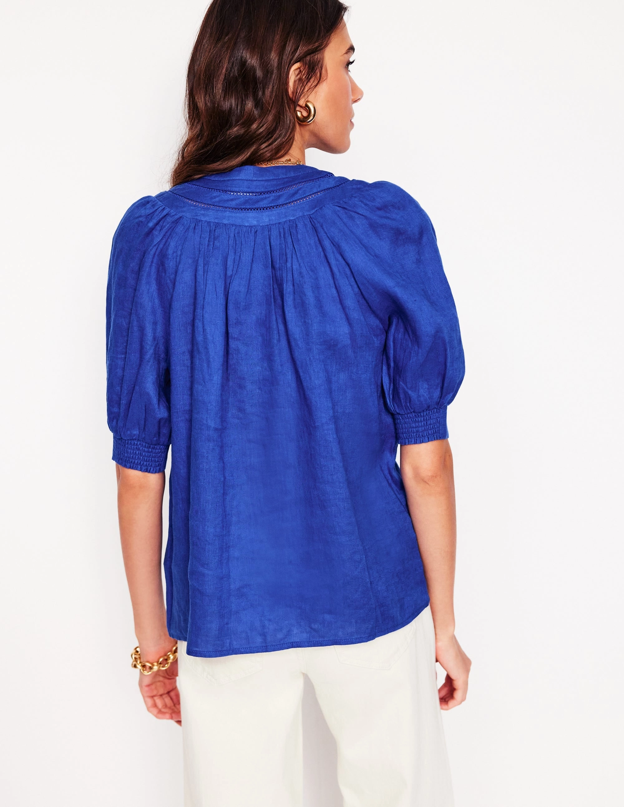 Bea Linen Top-Bright Blue Trendy Comfort Fit Multi Panel Design