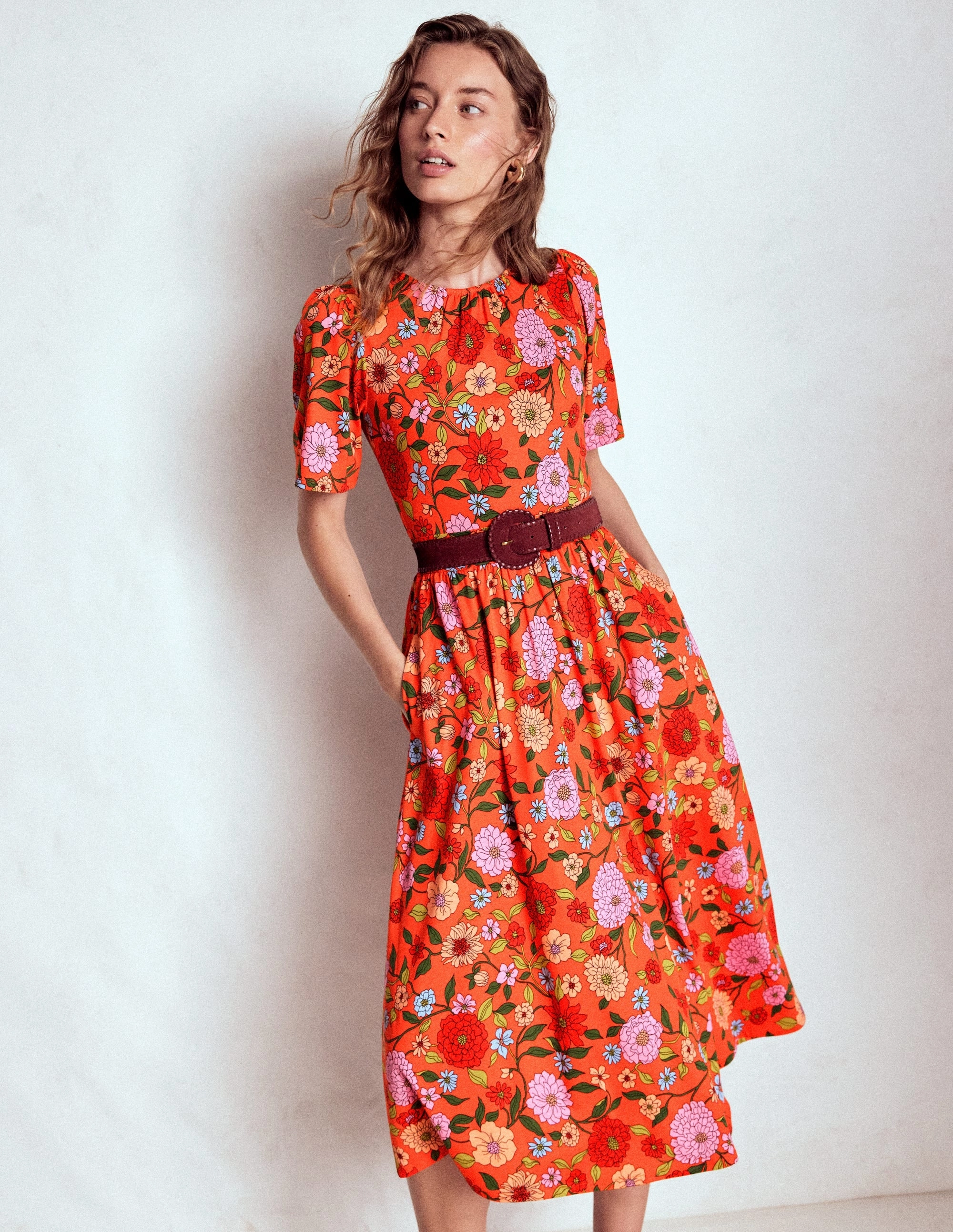 Silk Flow Louisa Jersey Midi Dress-Firecracker Red, Dahlia Trail