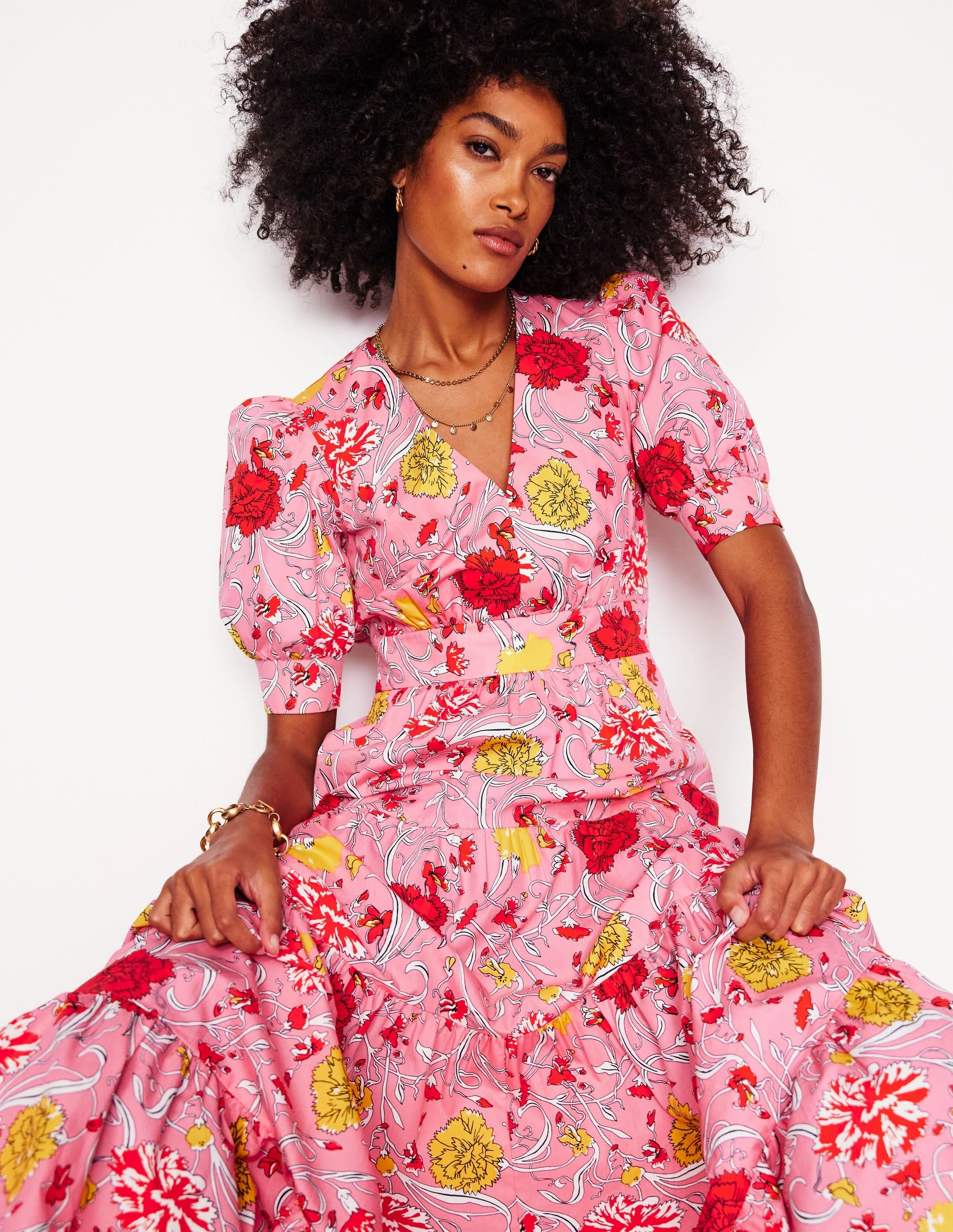 Grass Soft Feminine Energy Bella Puff Sleeve Maxi Dress-Salmon Pink, Carnation Vine