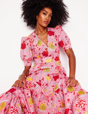 Grass Soft Feminine Energy Bella Puff Sleeve Maxi Dress-Salmon Pink, Carnation Vine