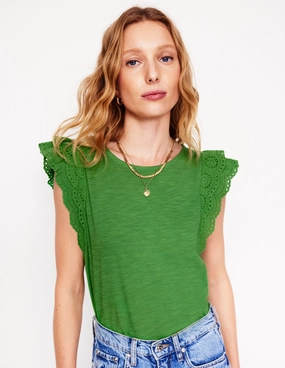 Elegant Detail Belle Broderie Sleeve Top-Paradise Green