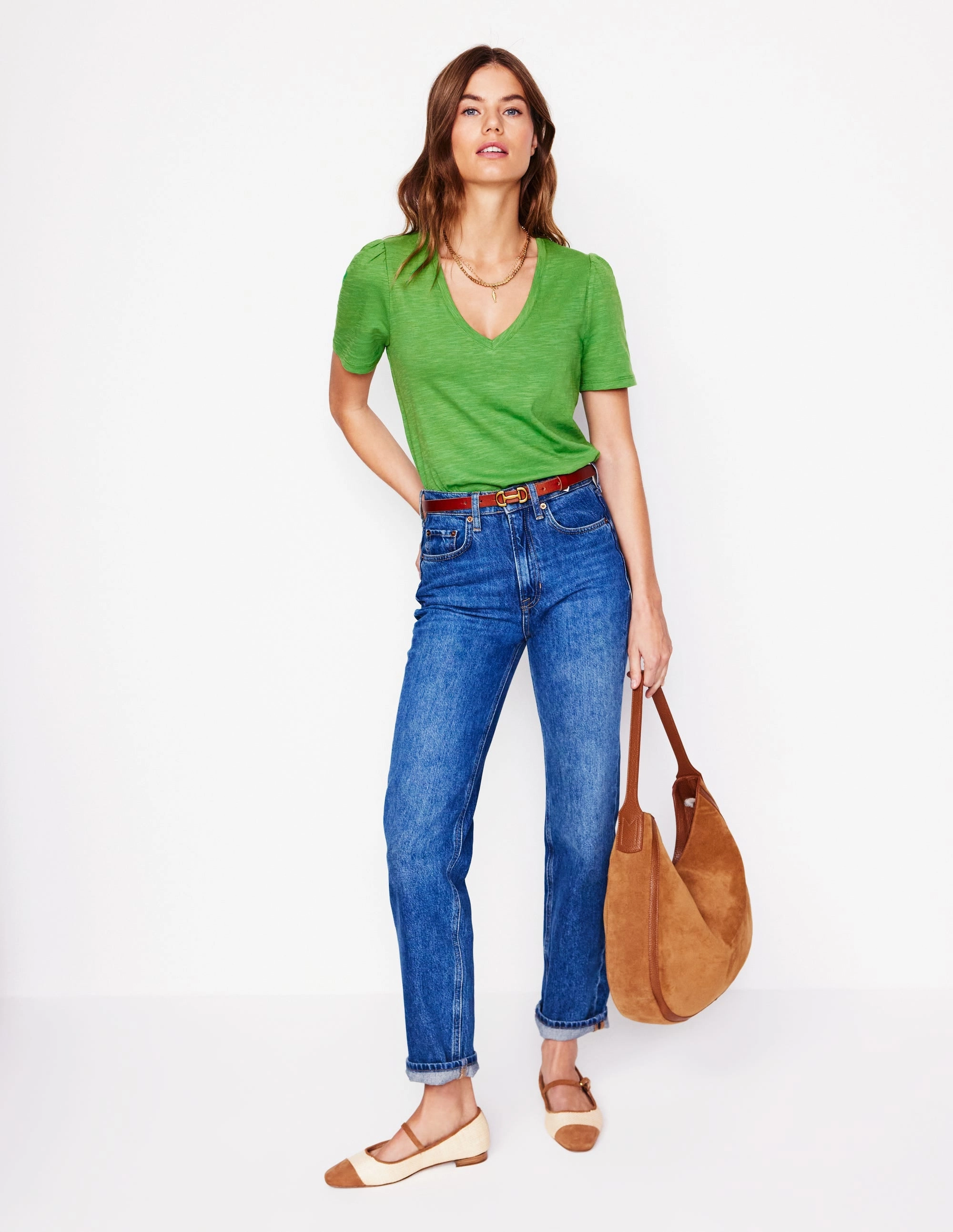 Flexible Ribbed Cuffs Sporty Vibe Short Sleeve V Neck T-shirt-Paradise Green