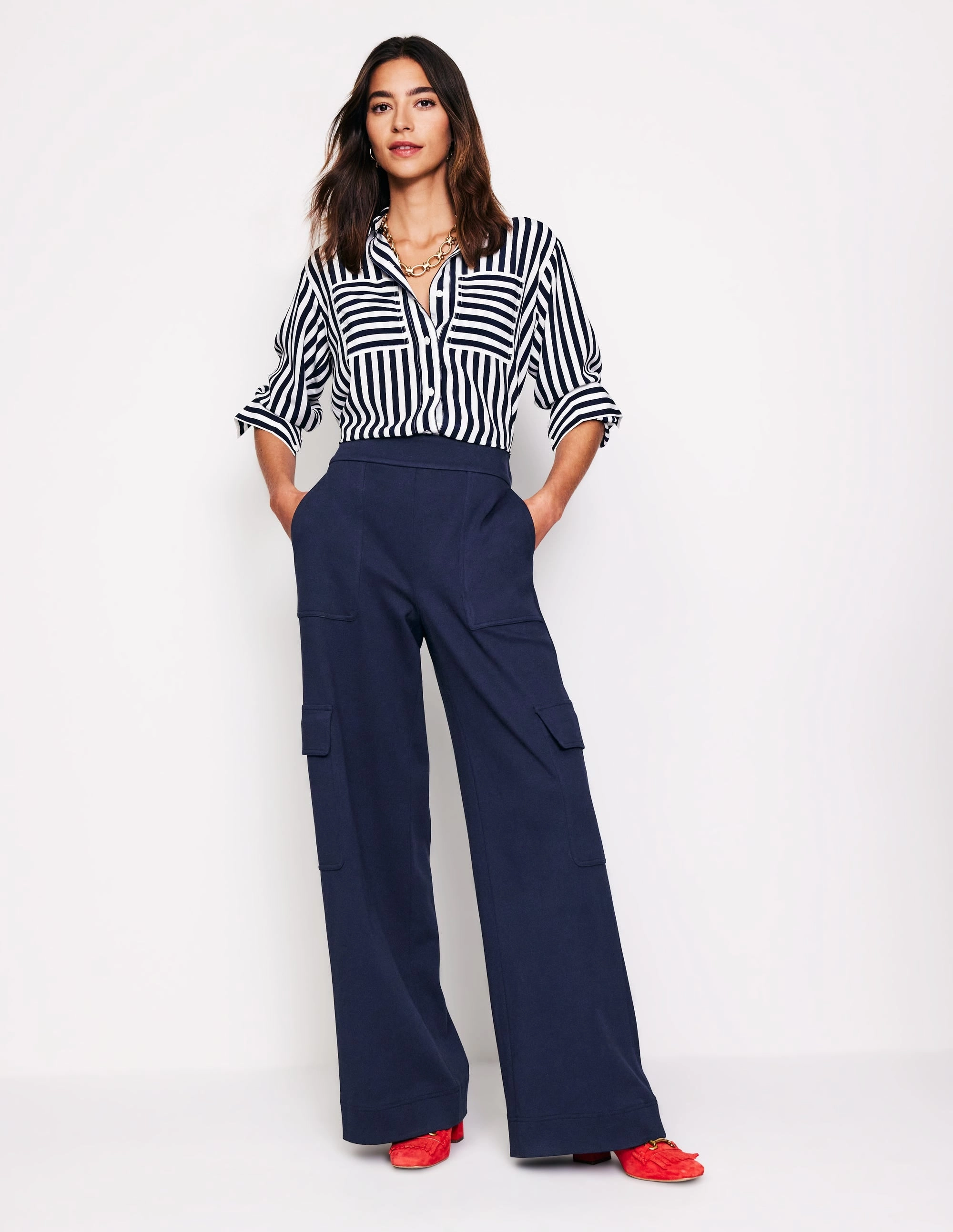 Soft Touch Material Ponte Twill Pull-on Trousers-Navy